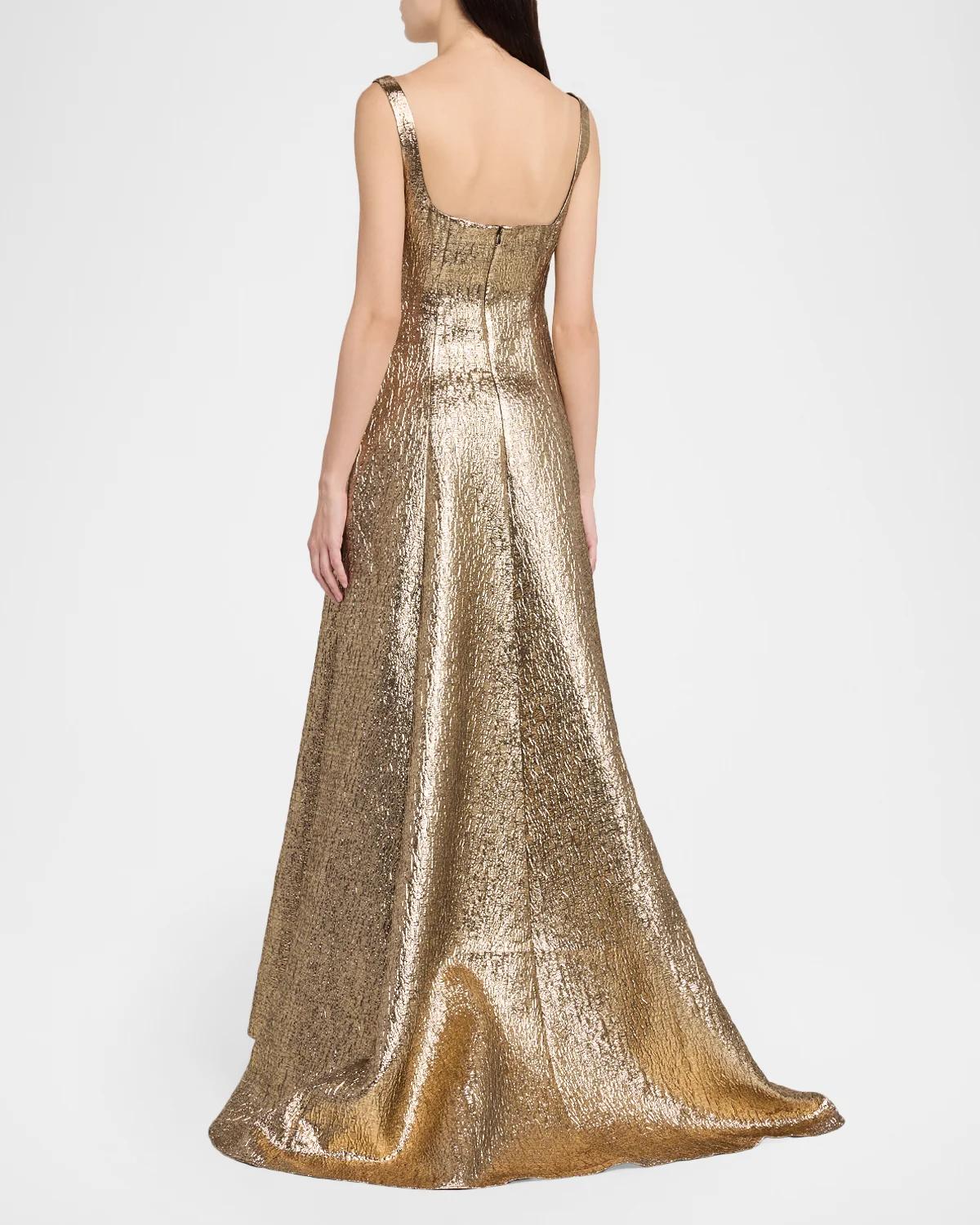 Sleeveless Textured Metallic Jacquard A-Line Gown - thumbnail 3