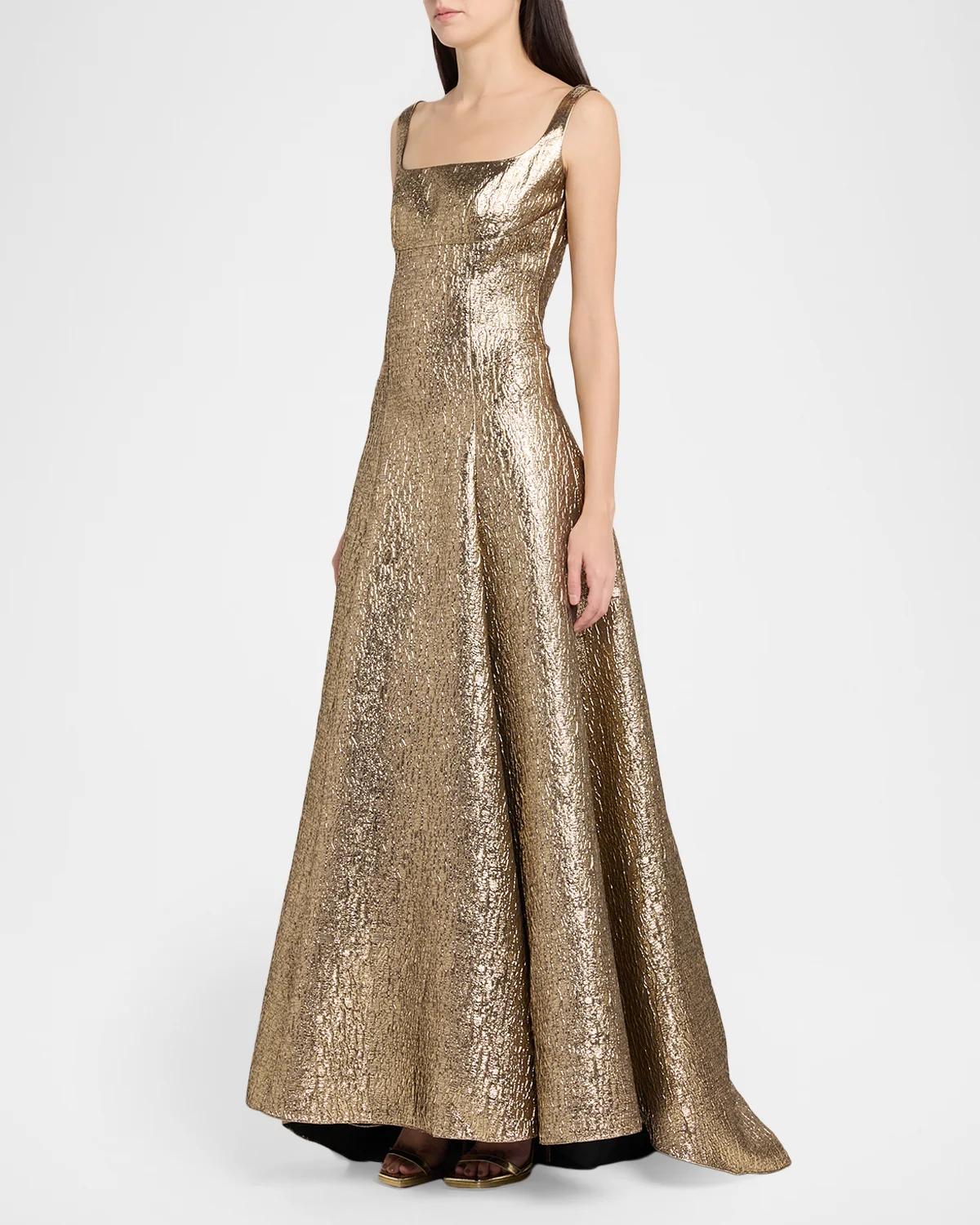 Sleeveless Textured Metallic Jacquard A-Line Gown - thumbnail 4