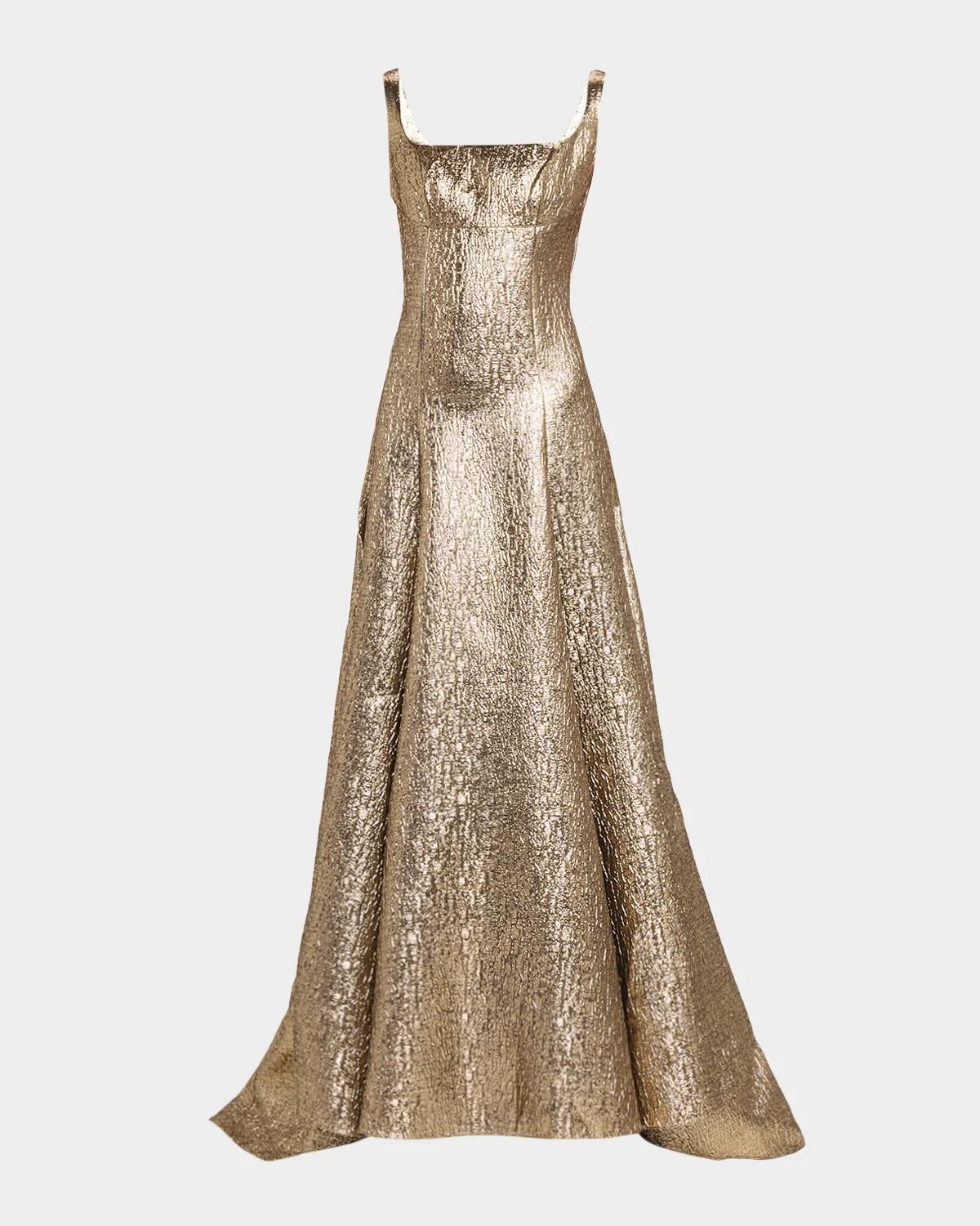 Sleeveless Textured Metallic Jacquard A-Line Gown