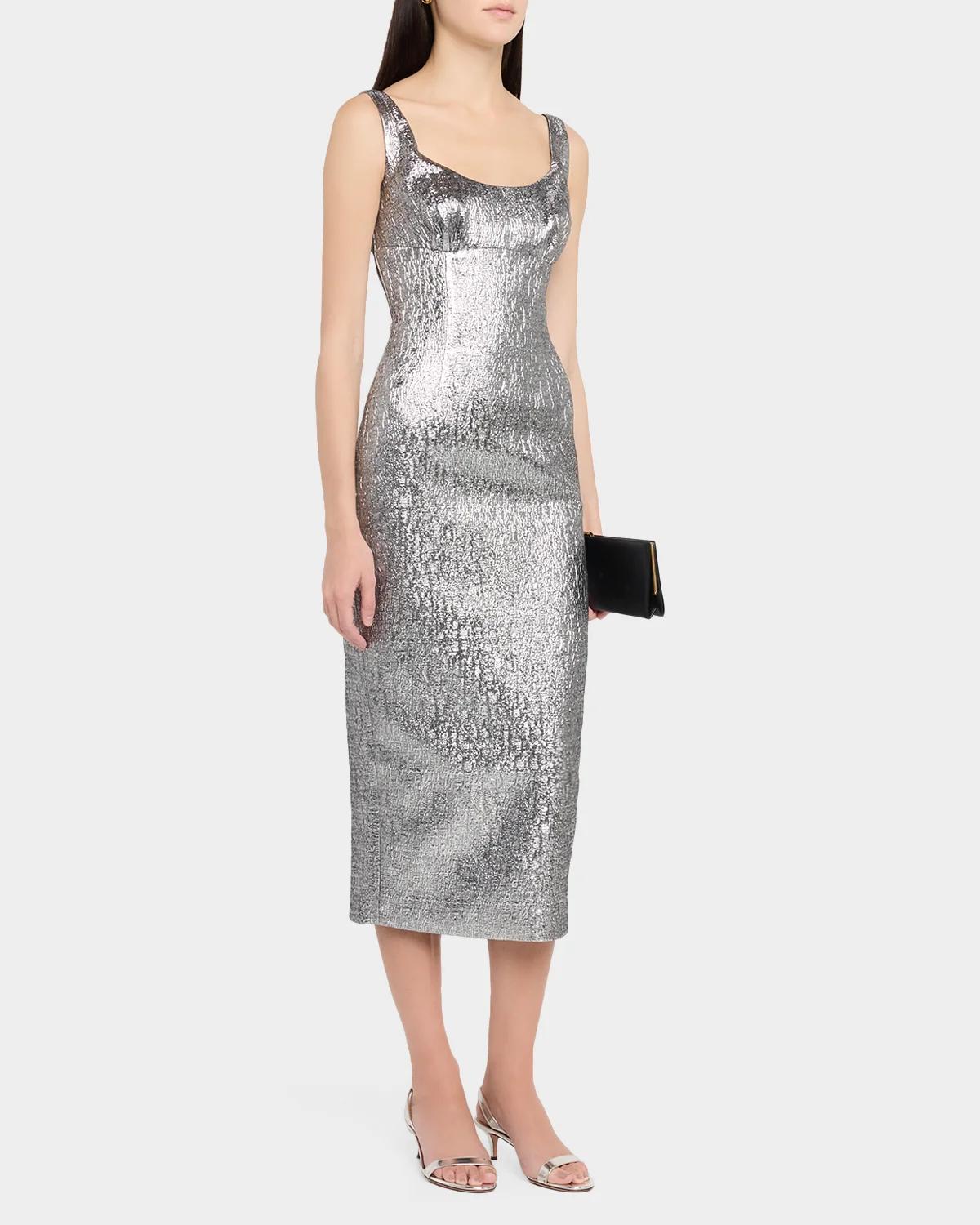 Off-The-Shoulder Metallic Textured Jacquard Midi Dress - thumbnail 4