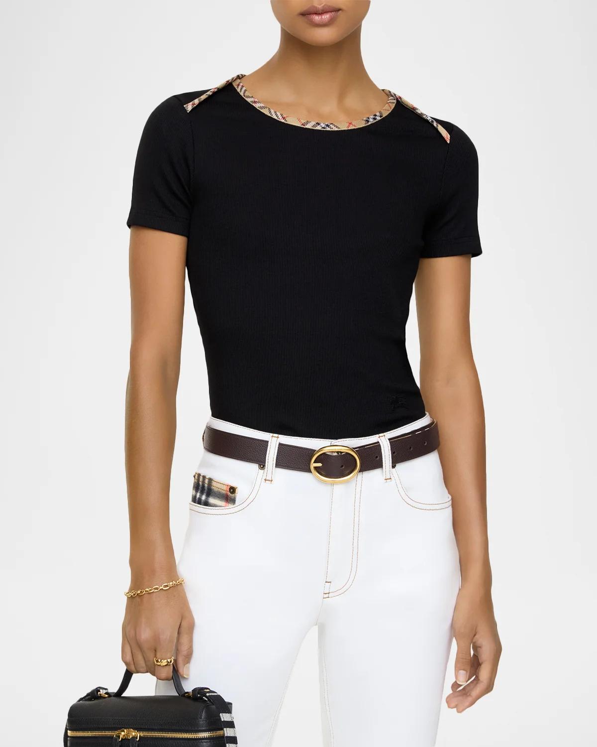 Stephanie Check-Trim Cotton Rib T-Shirt - thumbnail 2