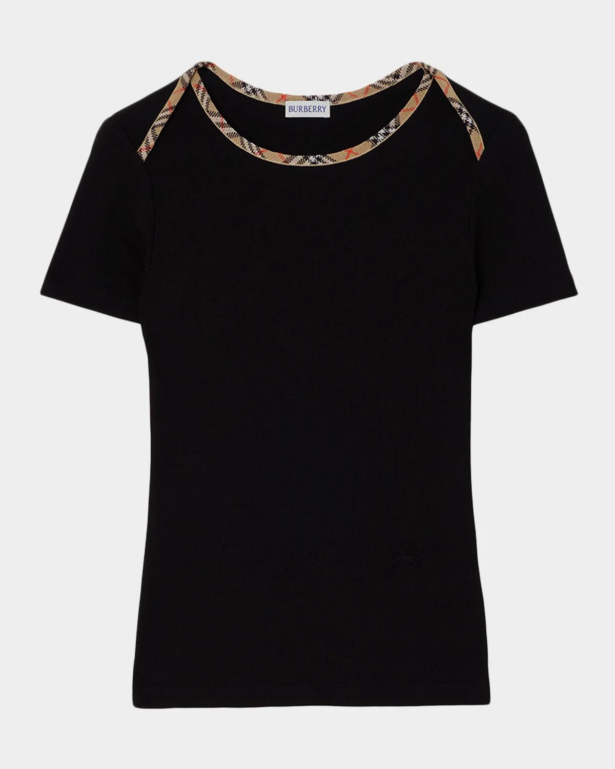 Stephanie Check-Trim Cotton Rib T-Shirt