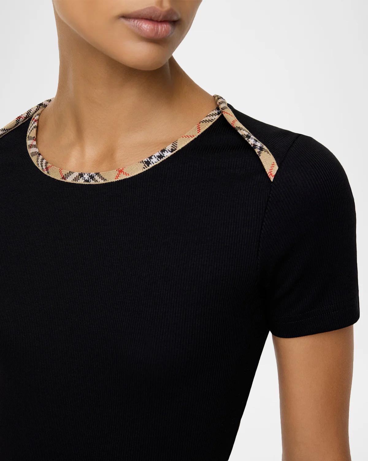 Stephanie Check-Trim Cotton Rib T-Shirt - thumbnail 3