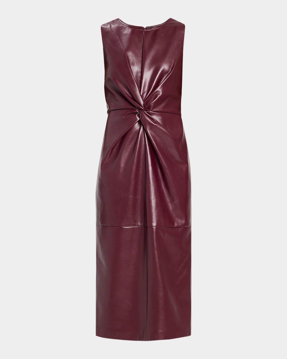Nat Twist-Front Vegan Leather Midi Dress