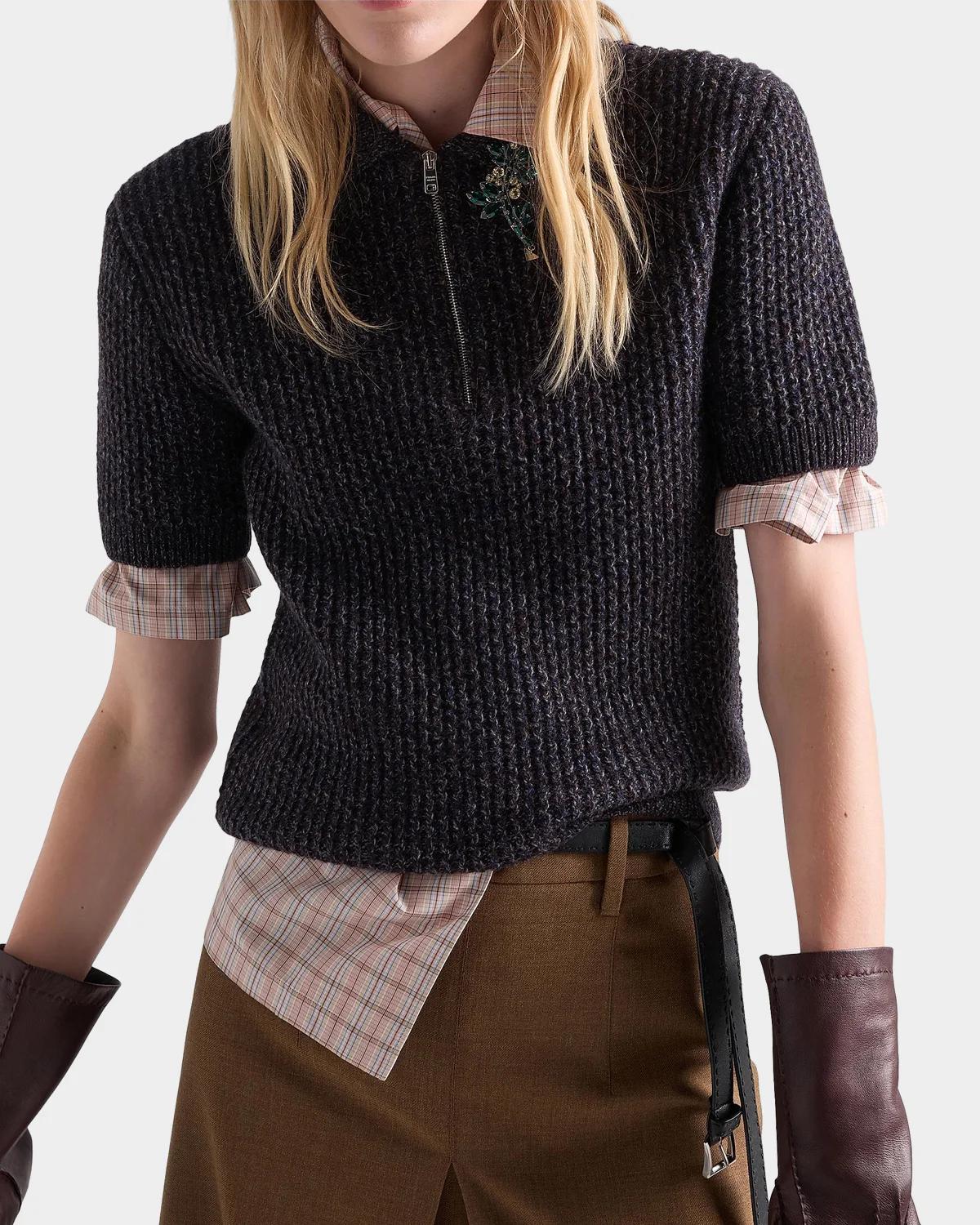 Wool-Mouliné Cashmere Short-Sleeve Polo Sweater - thumbnail 8