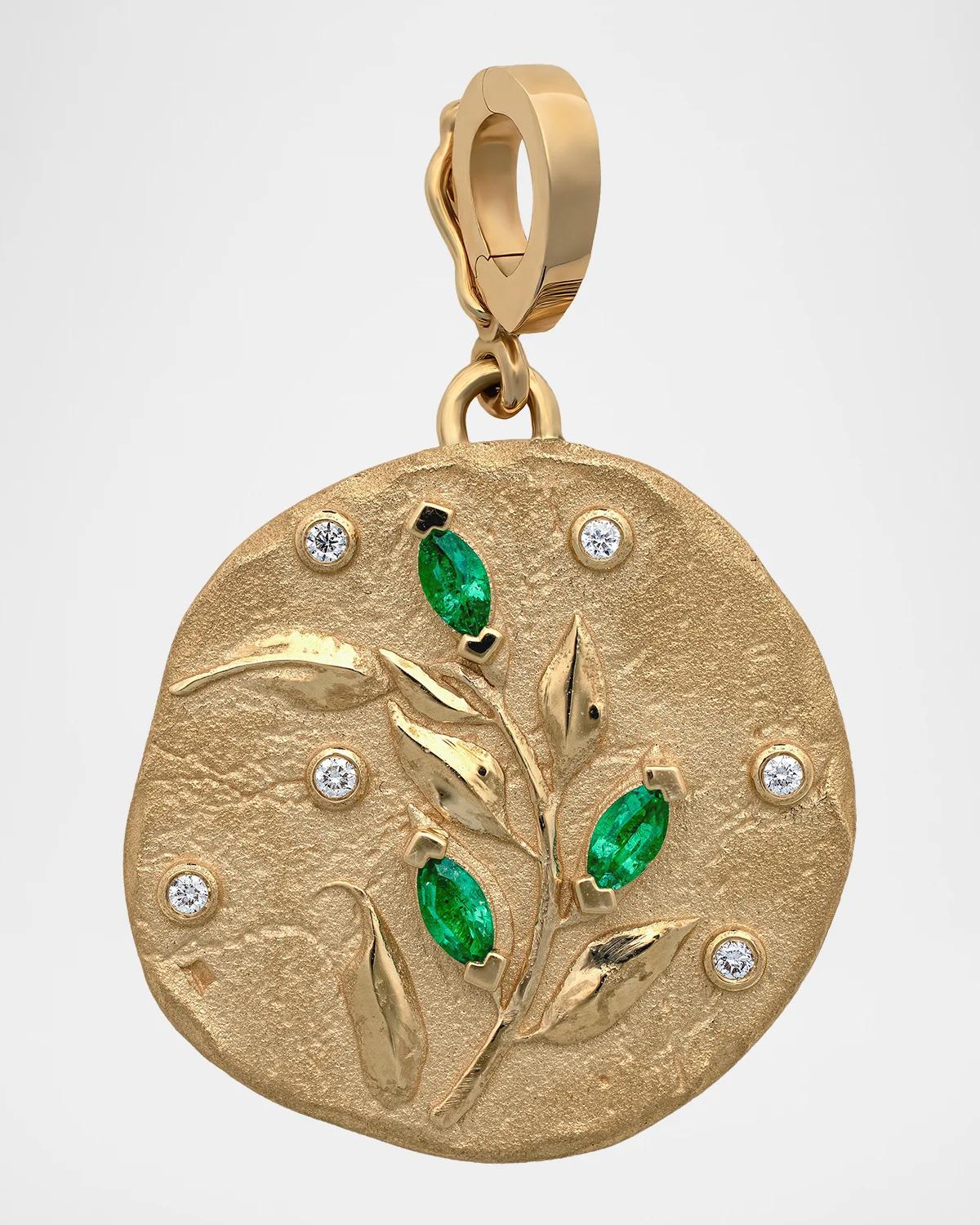 AZLEE 18K Olive Branch Medium Coin Pendant with Emerald Marquise