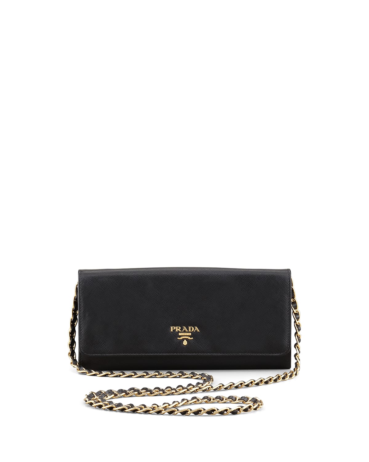 Prada Saffiano Leather Wallet With Shoulder Strap in Black