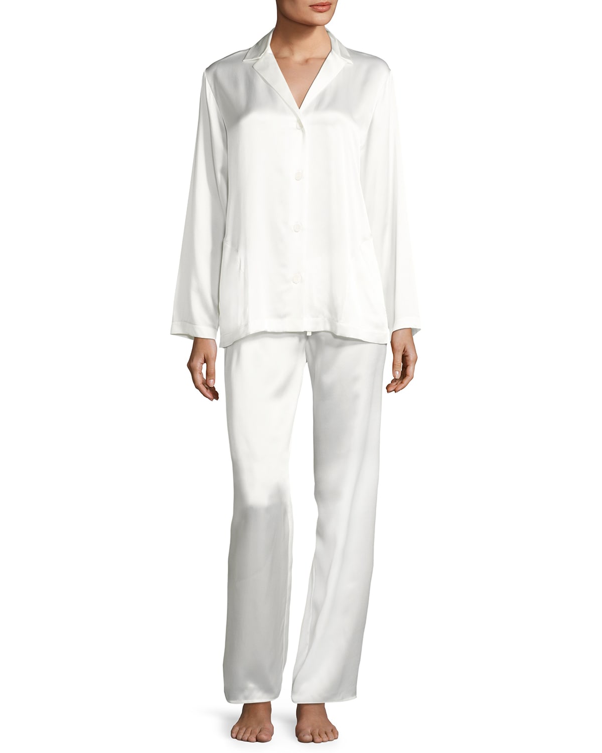 Two-piece silk pajama set made of Silk imported from Italy that includes a long-sleeve relaxed silhouette straight hem button front and drawstring pant