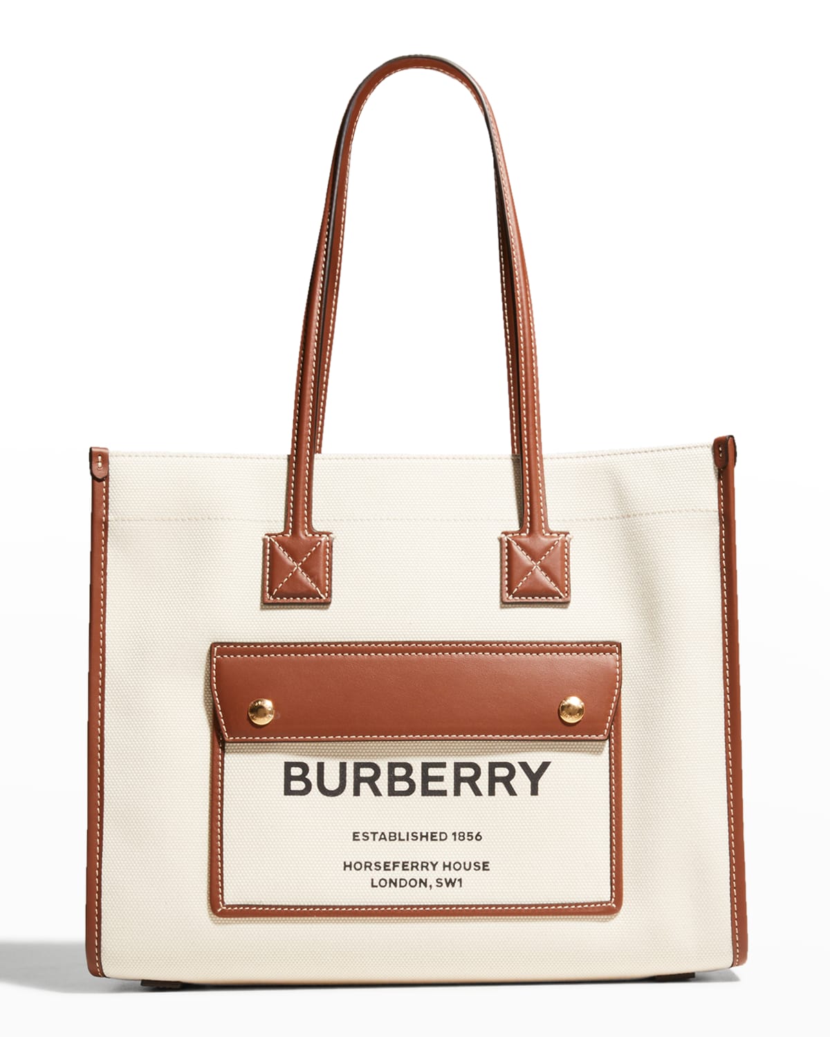 Burberry Smooth Leather & Canvas Pocket East-West Tote Bag | Neiman Marcus