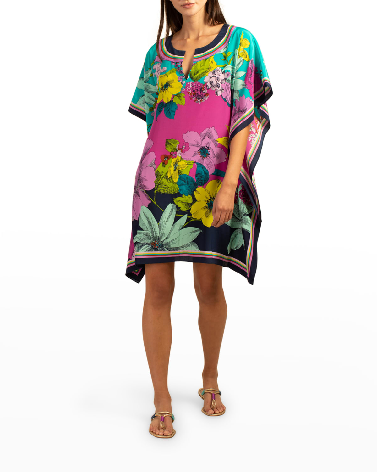 Trina Turk Silvery Smocked Floral-Print Dress | Neiman Marcus
