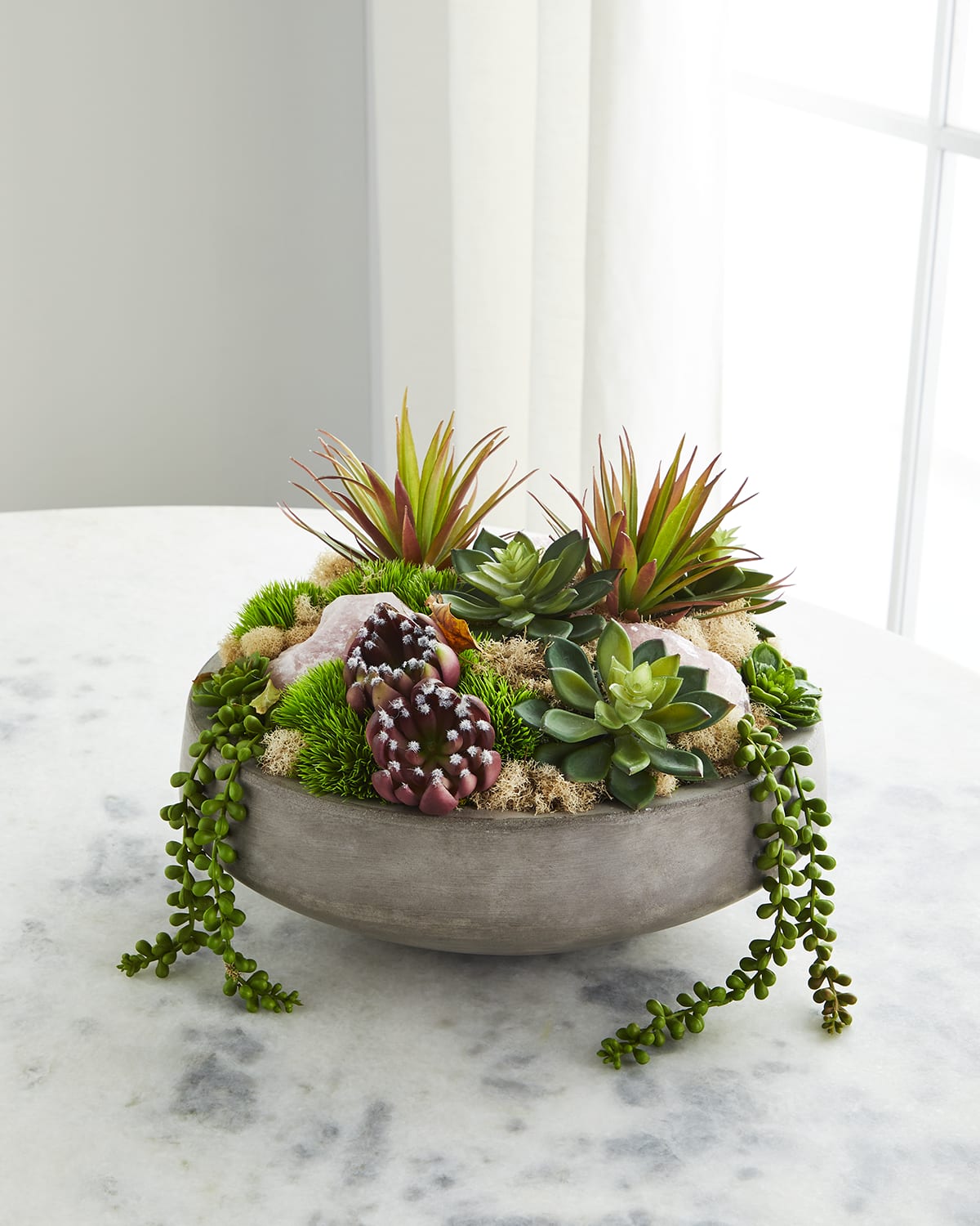 T & C Floral Company Concrete Bowl with Rose Quartz & Succulents | Thumbnail 4