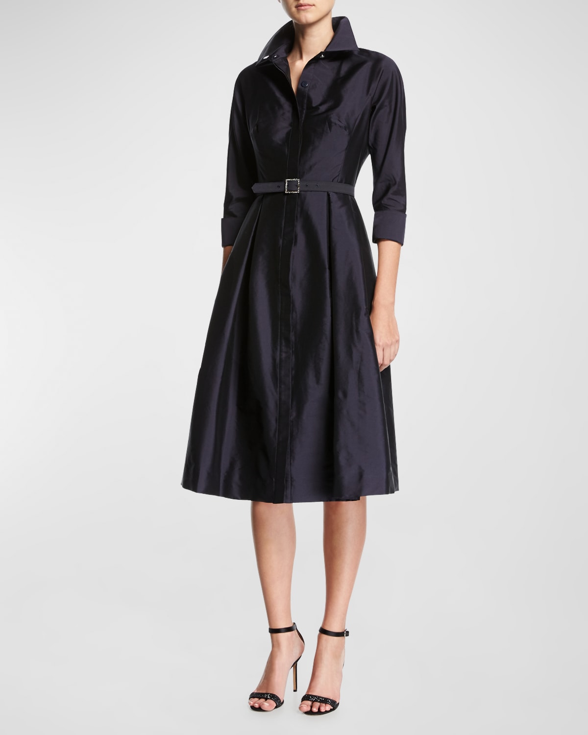 Rickie Freeman for Teri Jon 3/4-Sleeve Belted Midi Shirtdress