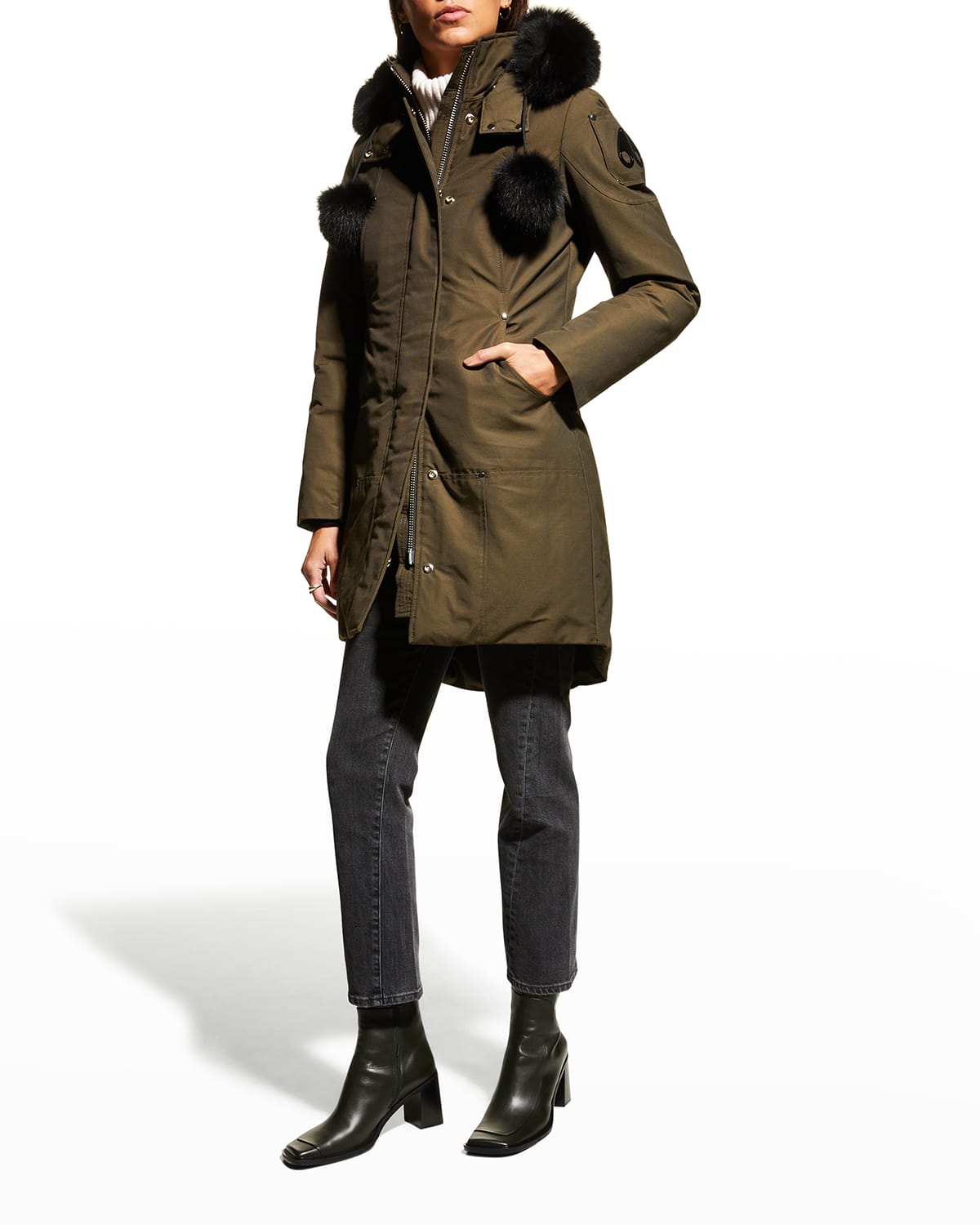 Moose Knuckles Stirling Hooded Parka Jacket W/ Fur Collar In Army Wblk