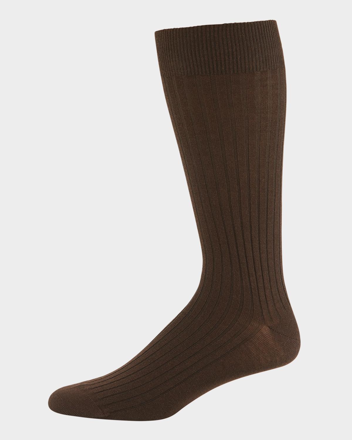 Neiman Marcus Ribbed Merino-Silk Mid-Calf Socks