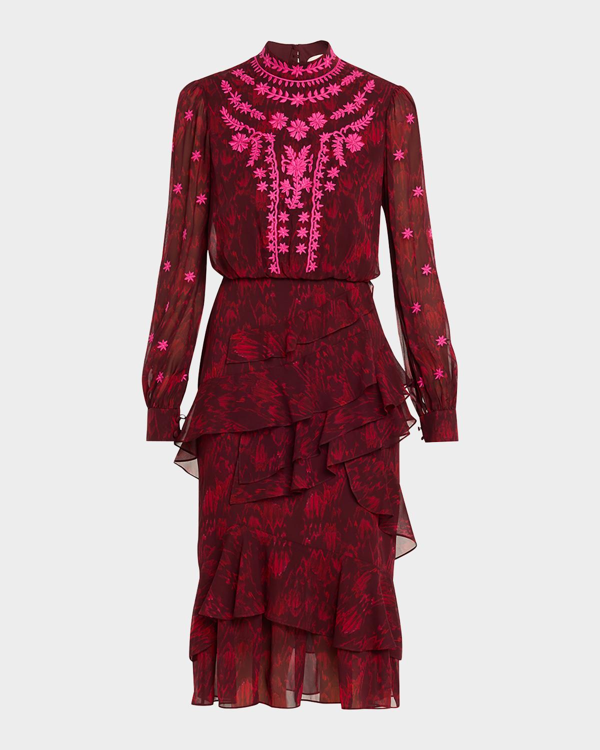 Saloni Isa Mock-Neck Floral-Print Silk Midi Dress