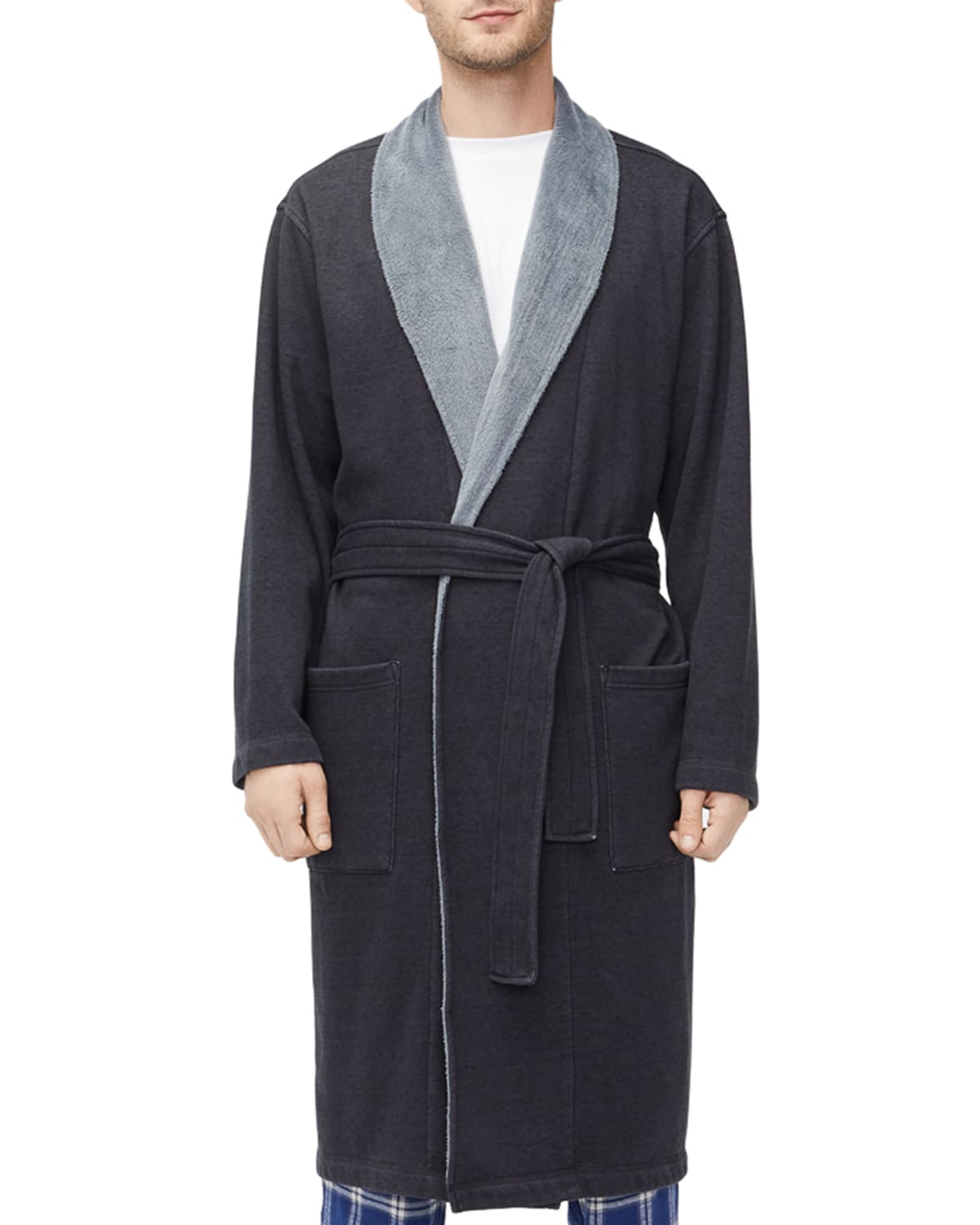 Pivaconis Mens Bathrobe Belted Cotton Kimono Loose Fit Color Block Shawl-Collar Robe 