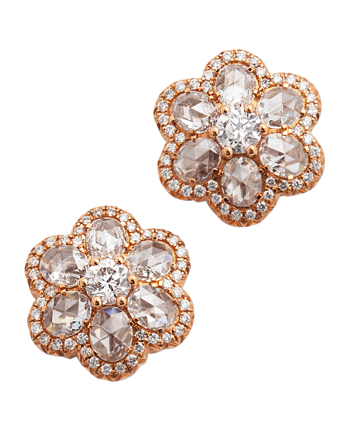 64 Facets 18k Rose Gold Diamond Flower Stud Earrings, 1.00tcw