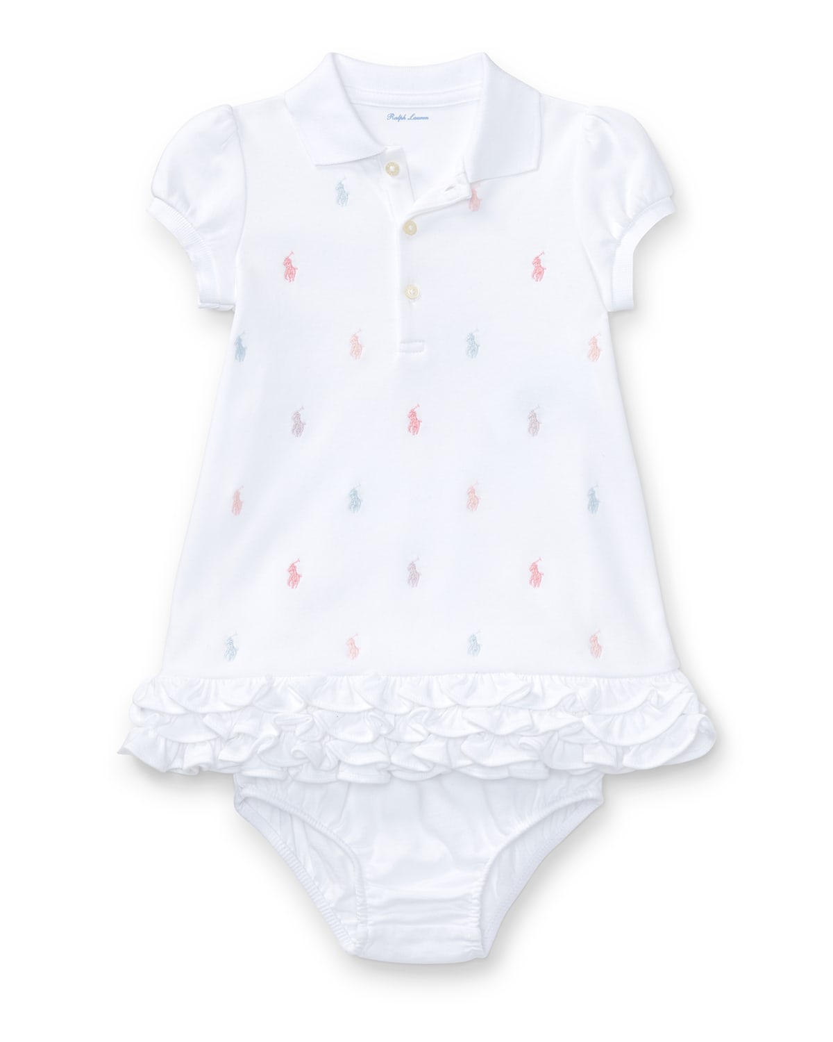 Ralph Lauren Childrenswear Logo Embroidery Ruffle Hem Polo Dress With Bloomers, Size 6M-24M