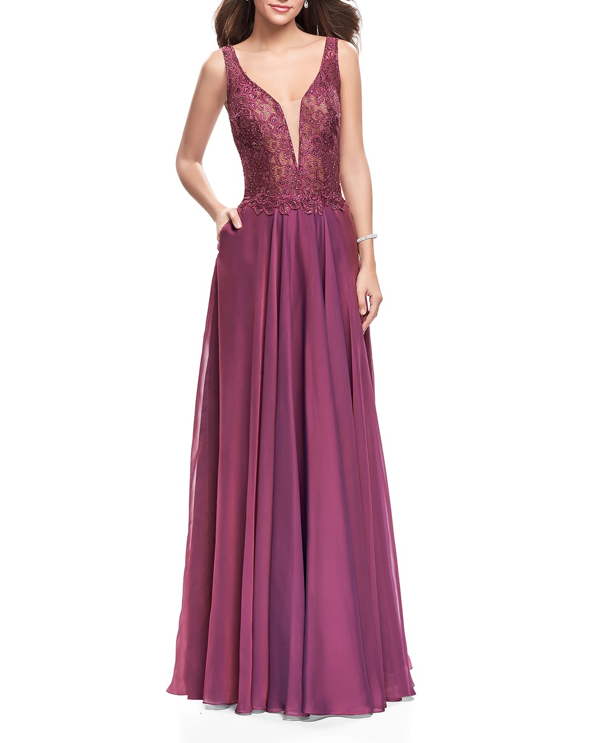 La Femme Cap-Sleeve Lace-Bodice Flowy Gown | Neiman Marcus