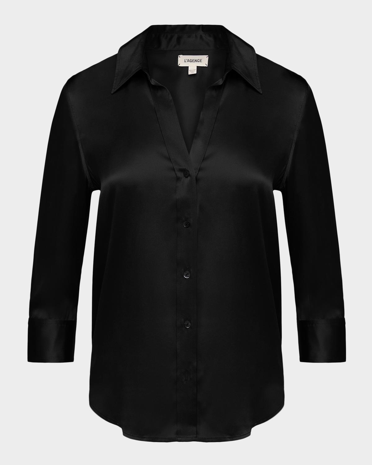 L 'AGENCE Dani Silk Satin 3/4-Sleeve Button-Down Blouse
