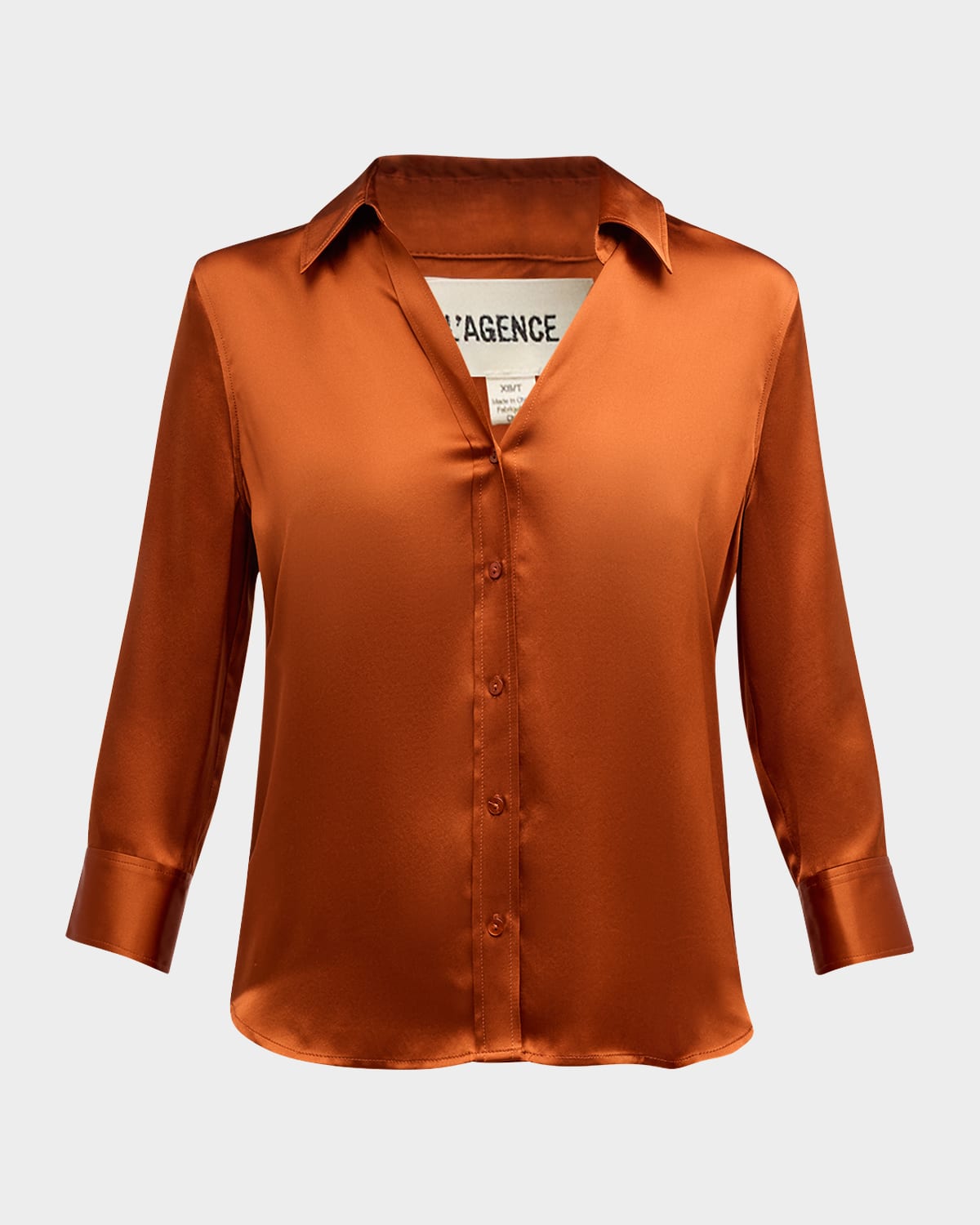 L'Agence Dani Silk Satin 3/4-Sleeve Button-Down Blouse