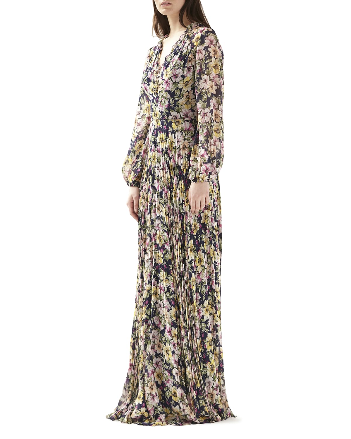 Månenytår debat plade ML Monique Lhuillier Floral V-Neck Blouson-Sleeve Maxi Dress | Neiman Marcus