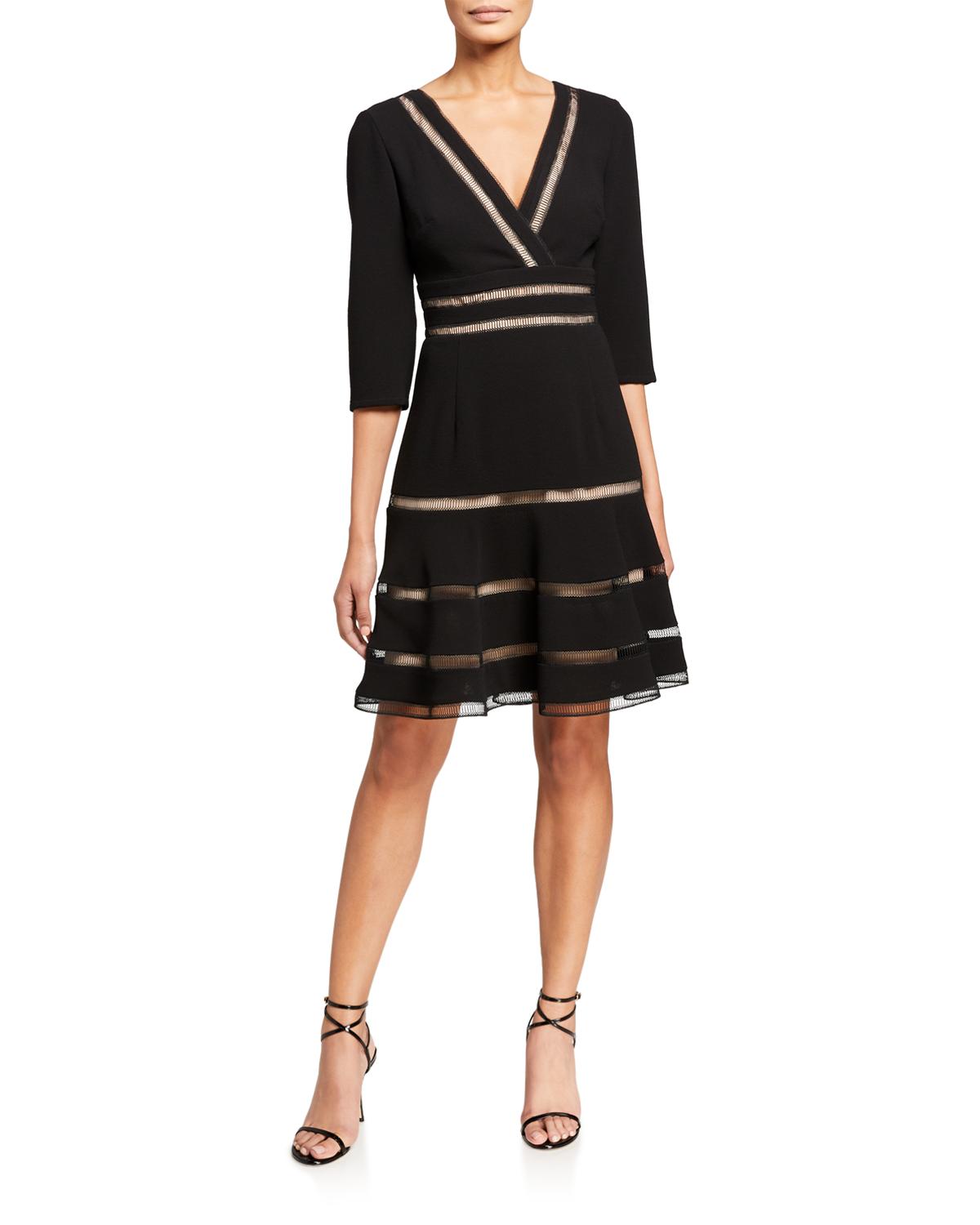 Shani Shemer Surplice 1/2-Sleeve Crepe Fit-&-Flare Dress w/ Trim