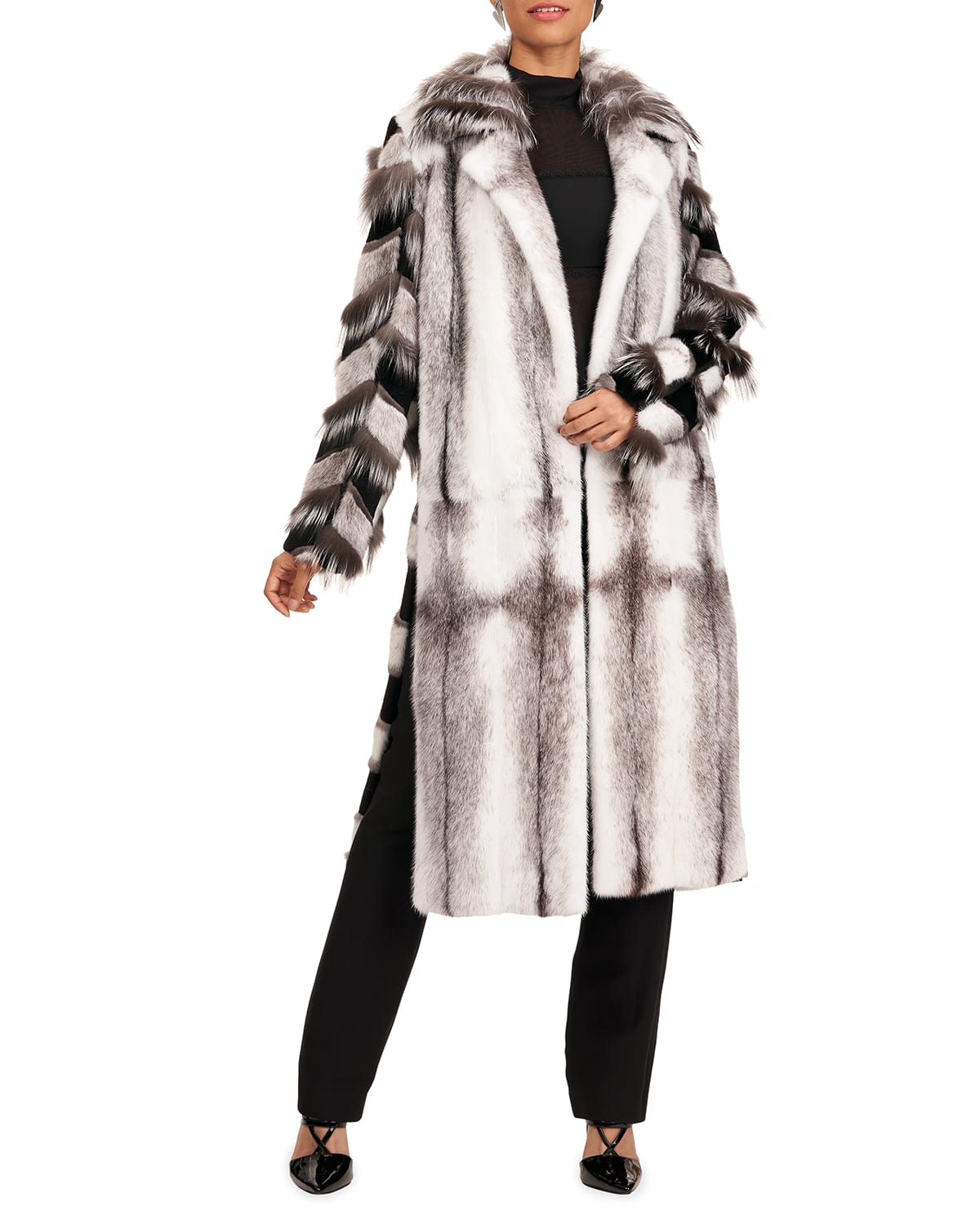 Chevron Intarsia Belted Mixed-Fur Coat