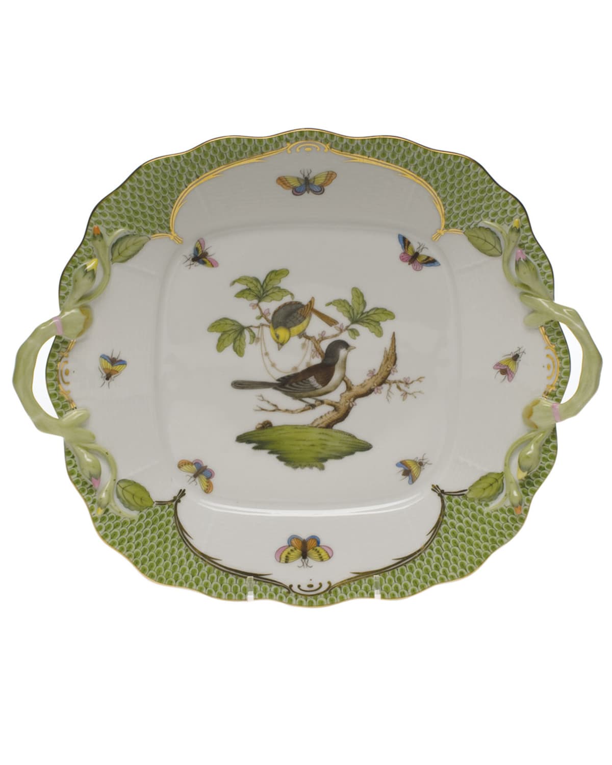 Herend Rothschild Bird Green Square Cake Plate with Handles