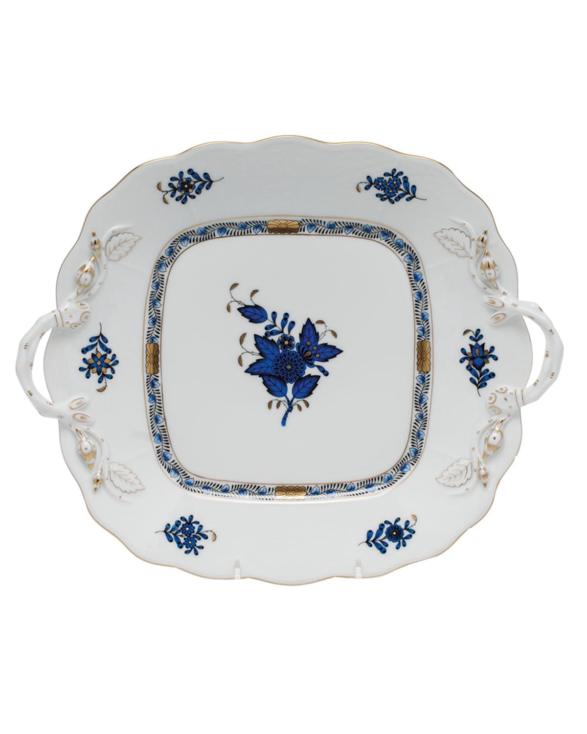 Herend Chinese Bouquet Black Sapphire Square Cake Plate with Handles