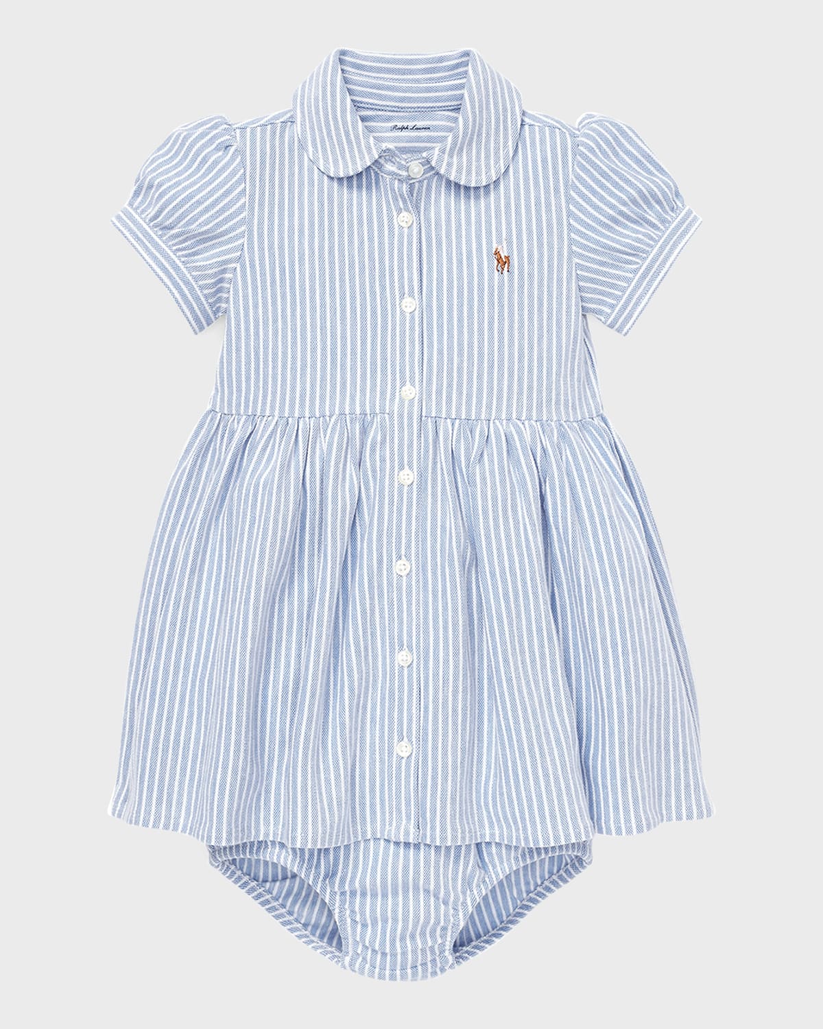 Ralph Lauren Childrenswear Yarn-Dyed Oxford Mesh Stripe Dress w/ Matching Bloomers, Size 3M-24M