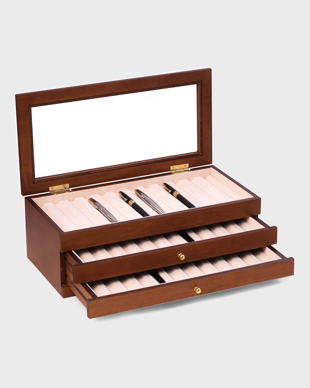 Bey-Berk Men's 36-Pen Cherry Wood 3-Level Storage Case
