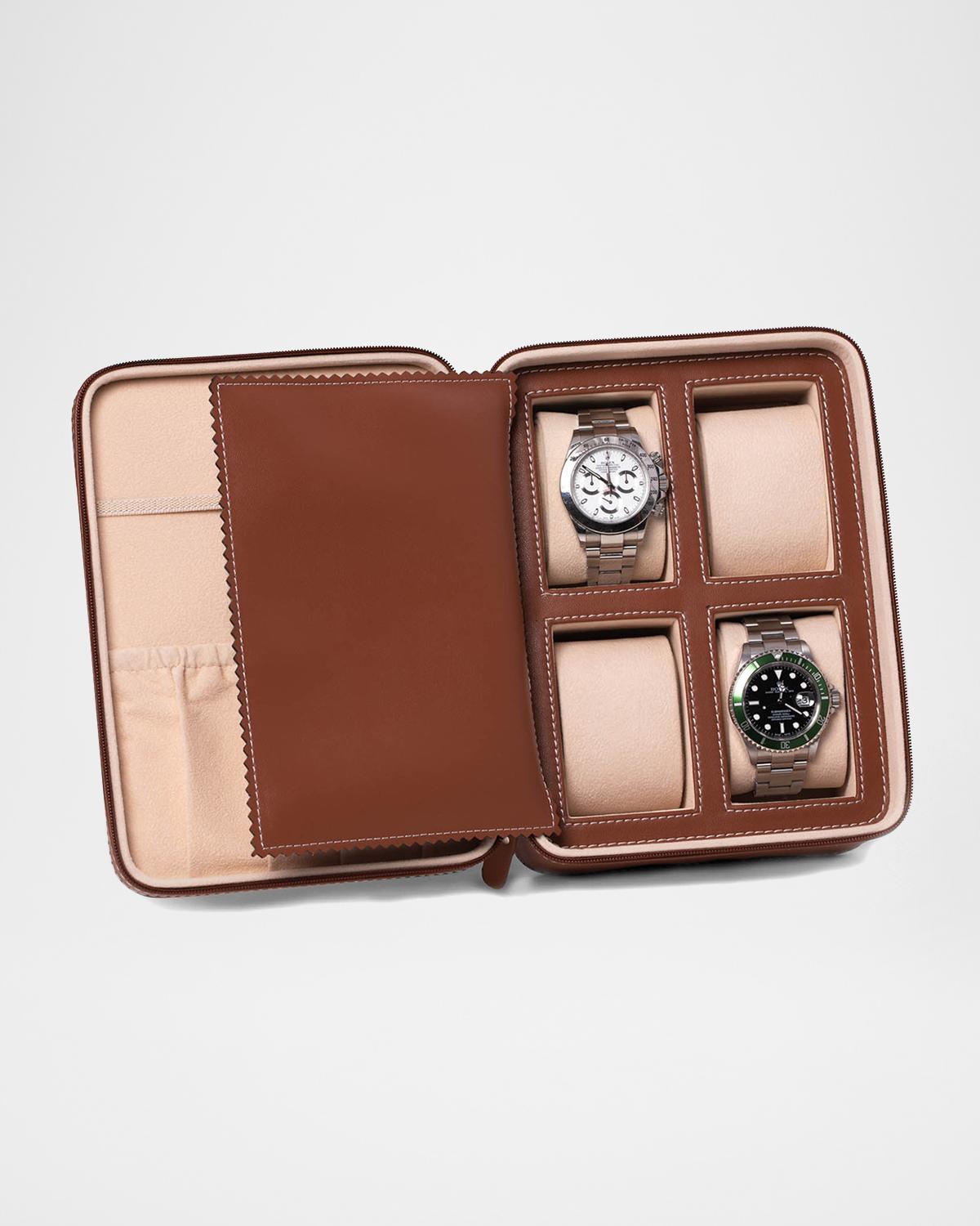 Bey-Berk Men's Leather 4-Watch Accessory Travel Case