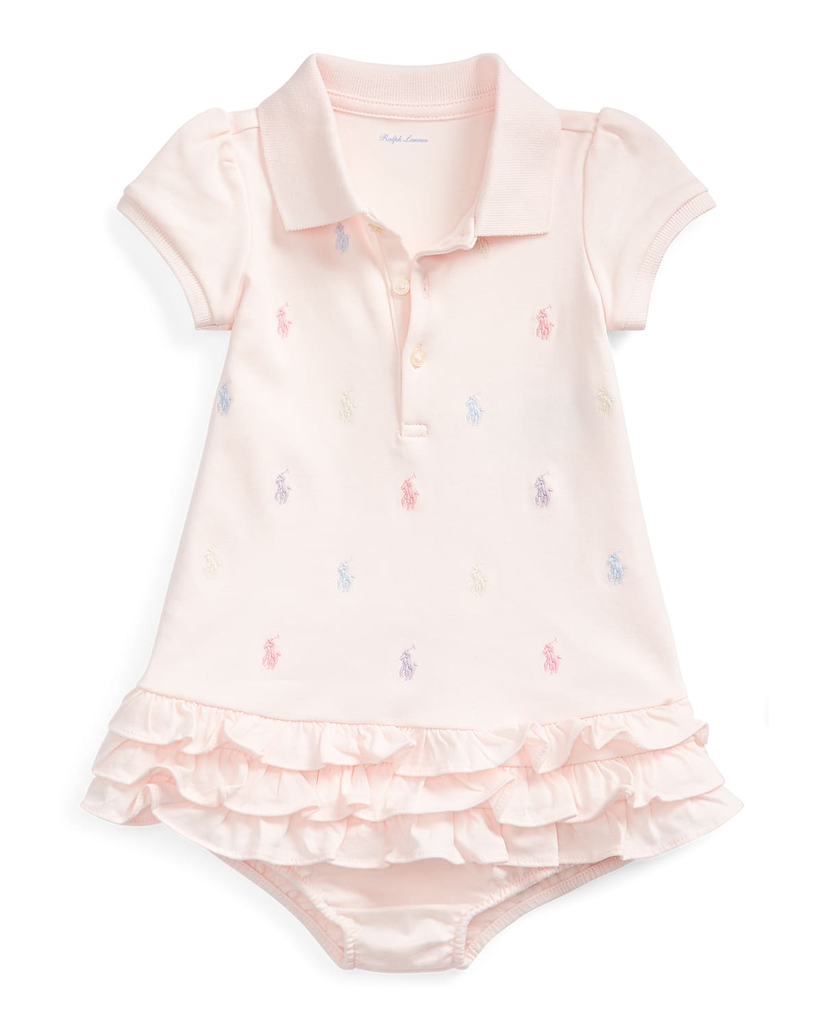Ralph Lauren Childrenswear Ruffled Embroidered Polo Dress With Solid Bloomers, Size 3M-24M