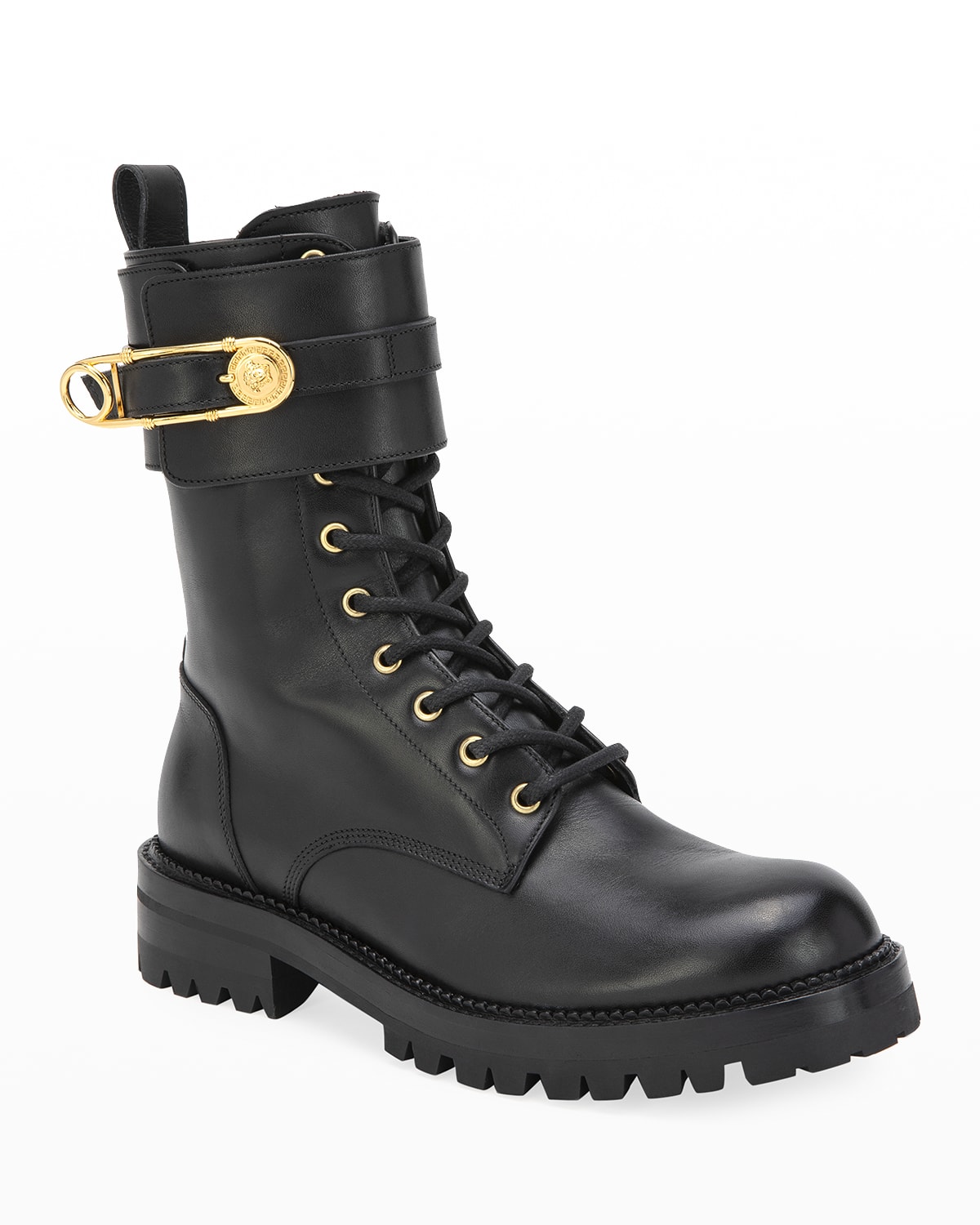 Versace Safety Pin Leather Boots In Blackgold ModeSens