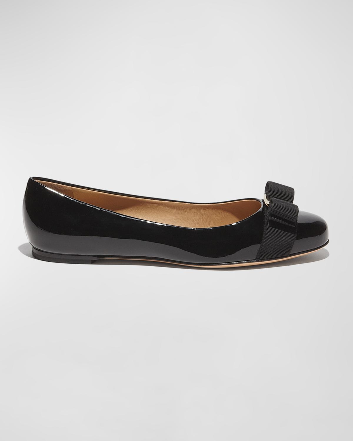 Ferragamo Varina Patent Leather Bow Ballerina Flats In Nero