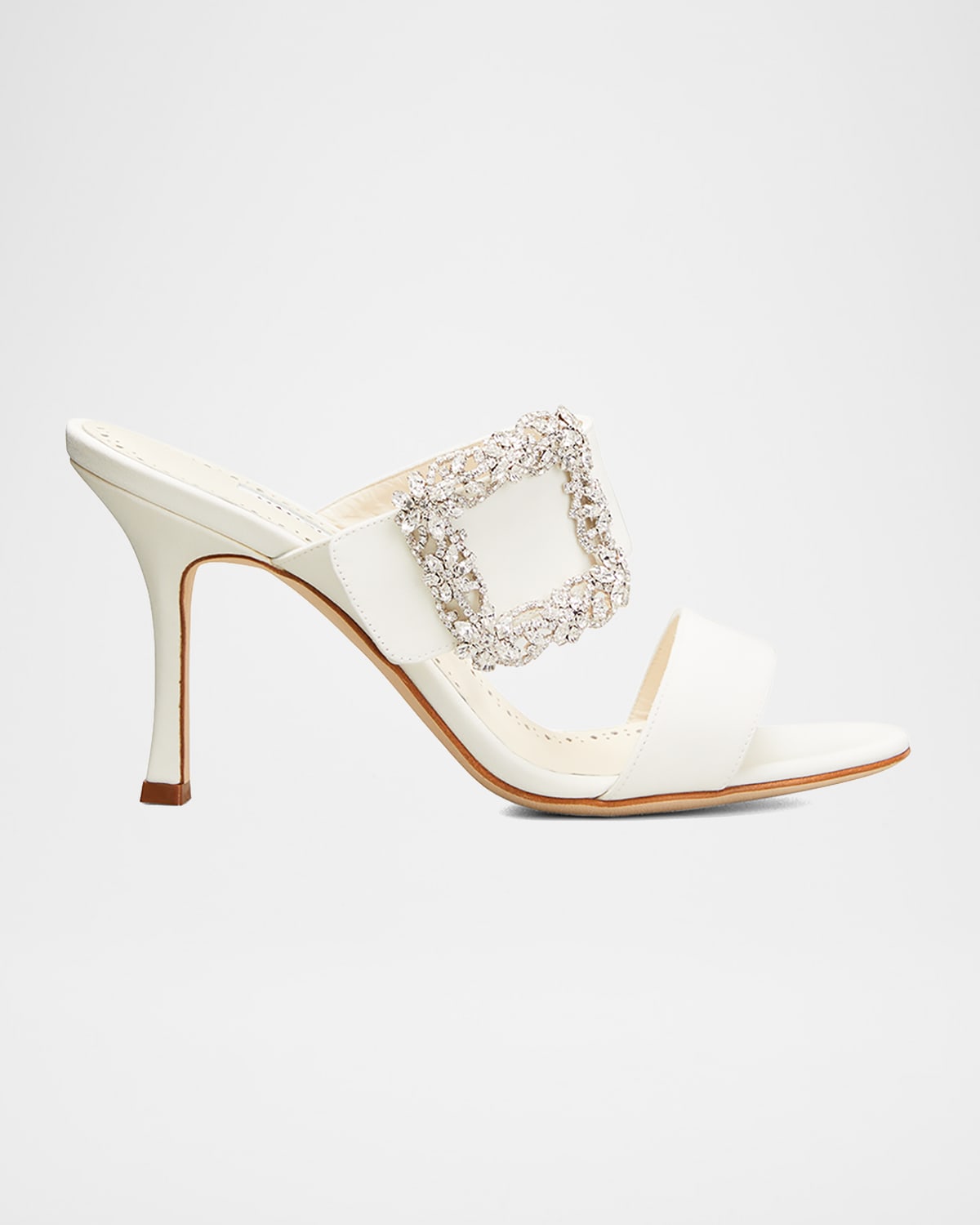 Manolo Blahnik Gable Silk Crystal Buckle Slide Sandals, Cream