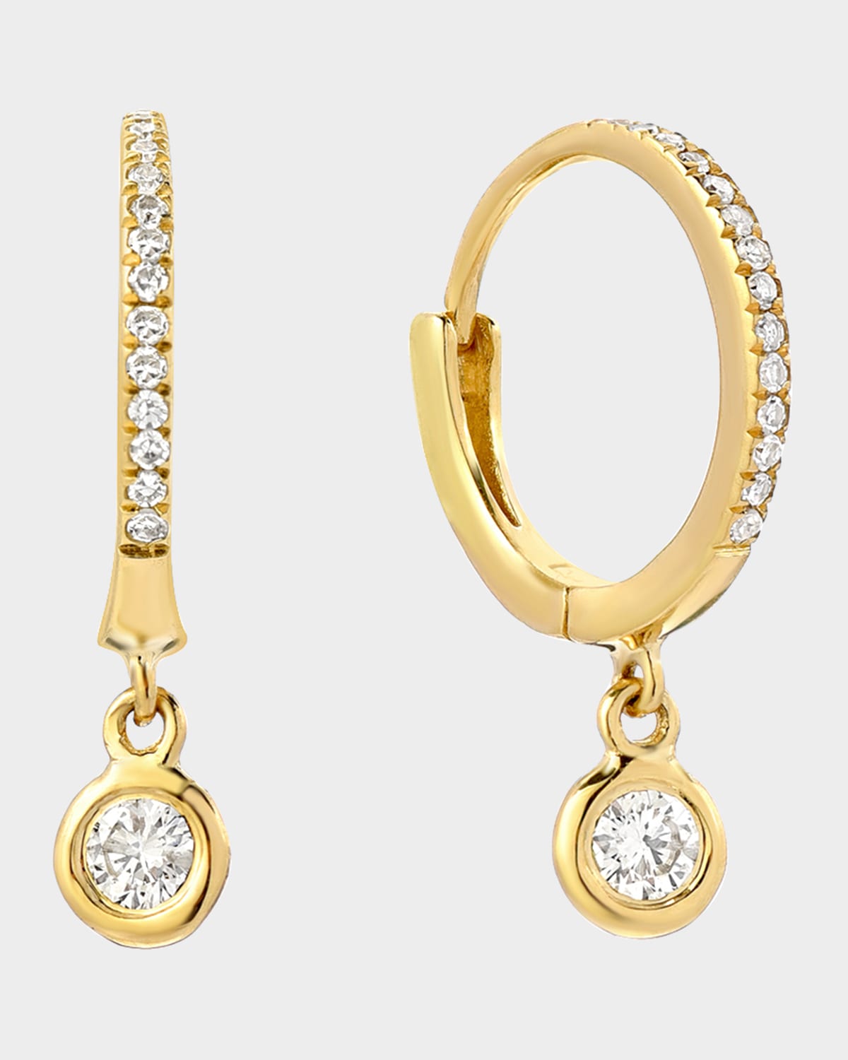 Zoe Lev Jewelry 14k Gold Diamond Huggie Earrings with Bezel Drops