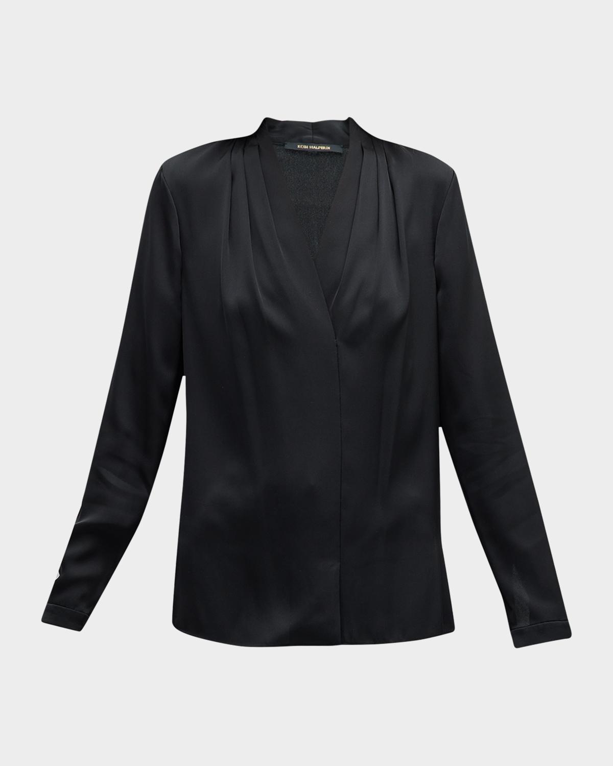 Kobi Halperin Nellie Pleated V-Neck Long-Sleeve Blouse