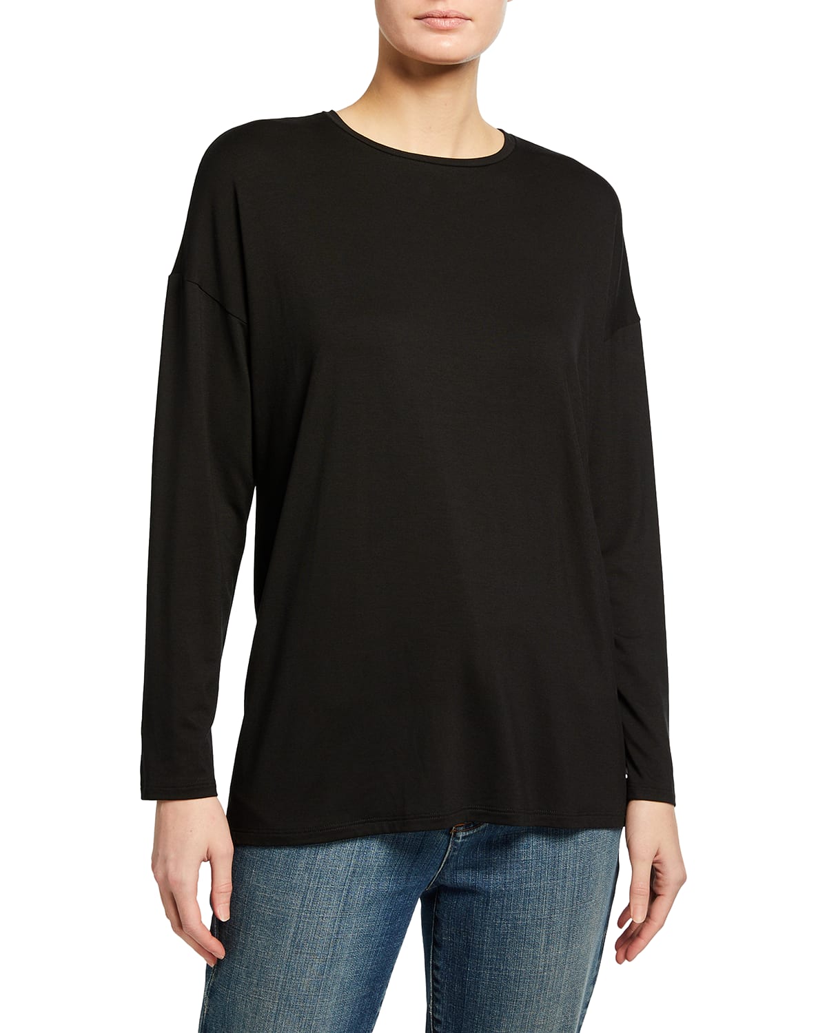 Eileen Fisher Petite Crewneck Stretch Crepe Top with Silk | Neiman Marcus