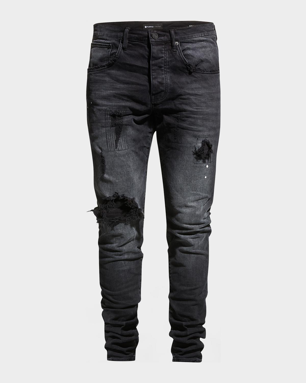 PURPLE Men's P002 Black Repair Slim Jeans
