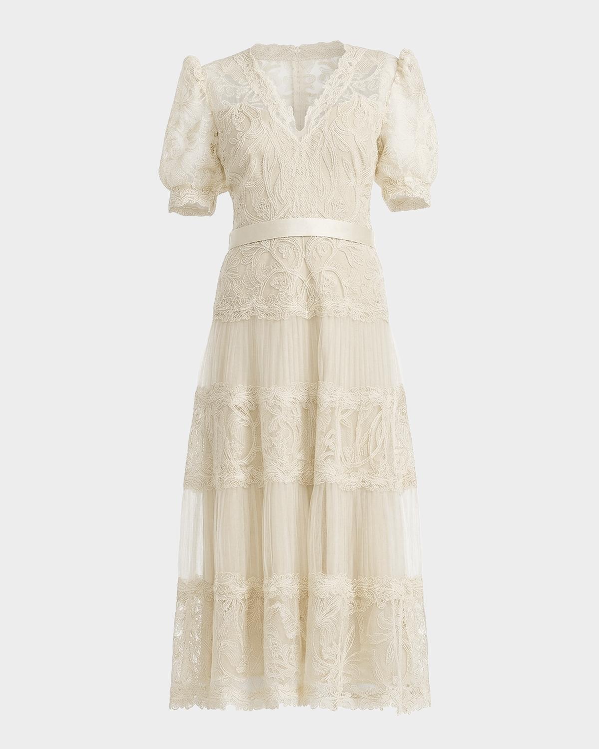 Tadashi Shoji V-Neck Short-Sleeve Lace Tiered Midi Dress
