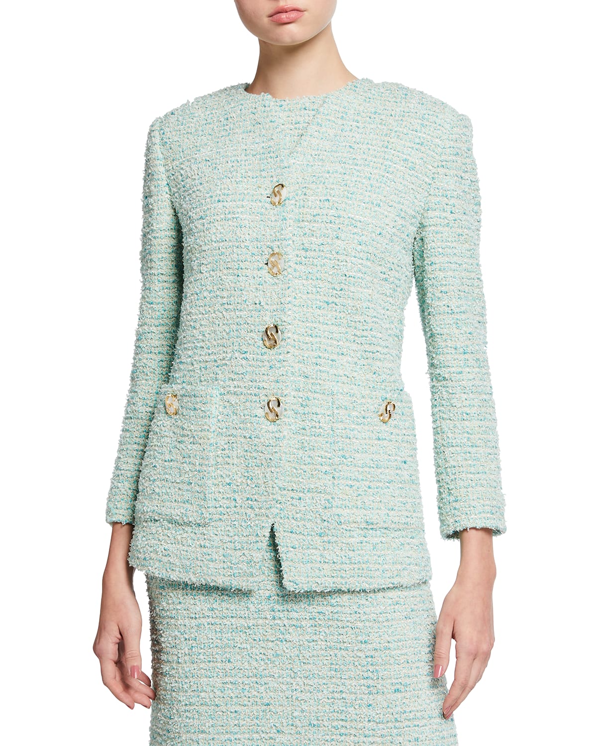 Womens Designer Inspired Pearl Button Tweed  Multi-Color Jacket Coat Blazer