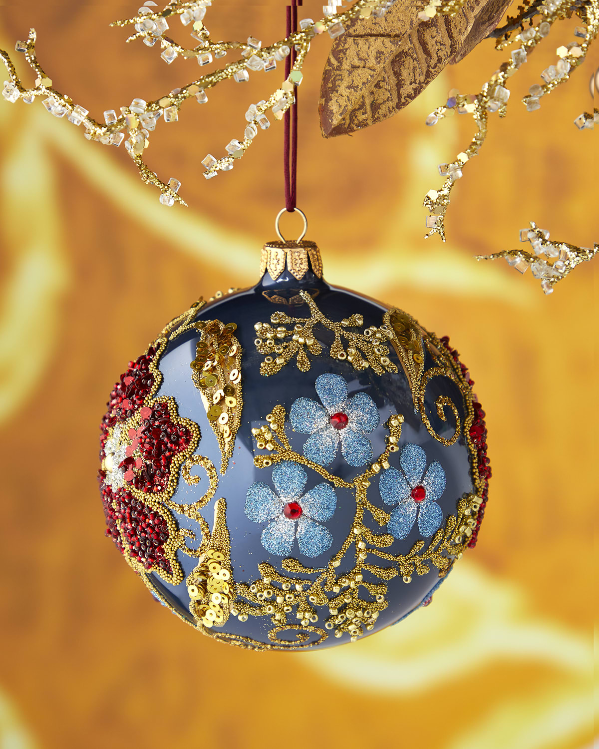 Gold Ball With Beaded Flower Christmas Ornament Neiman Marcus