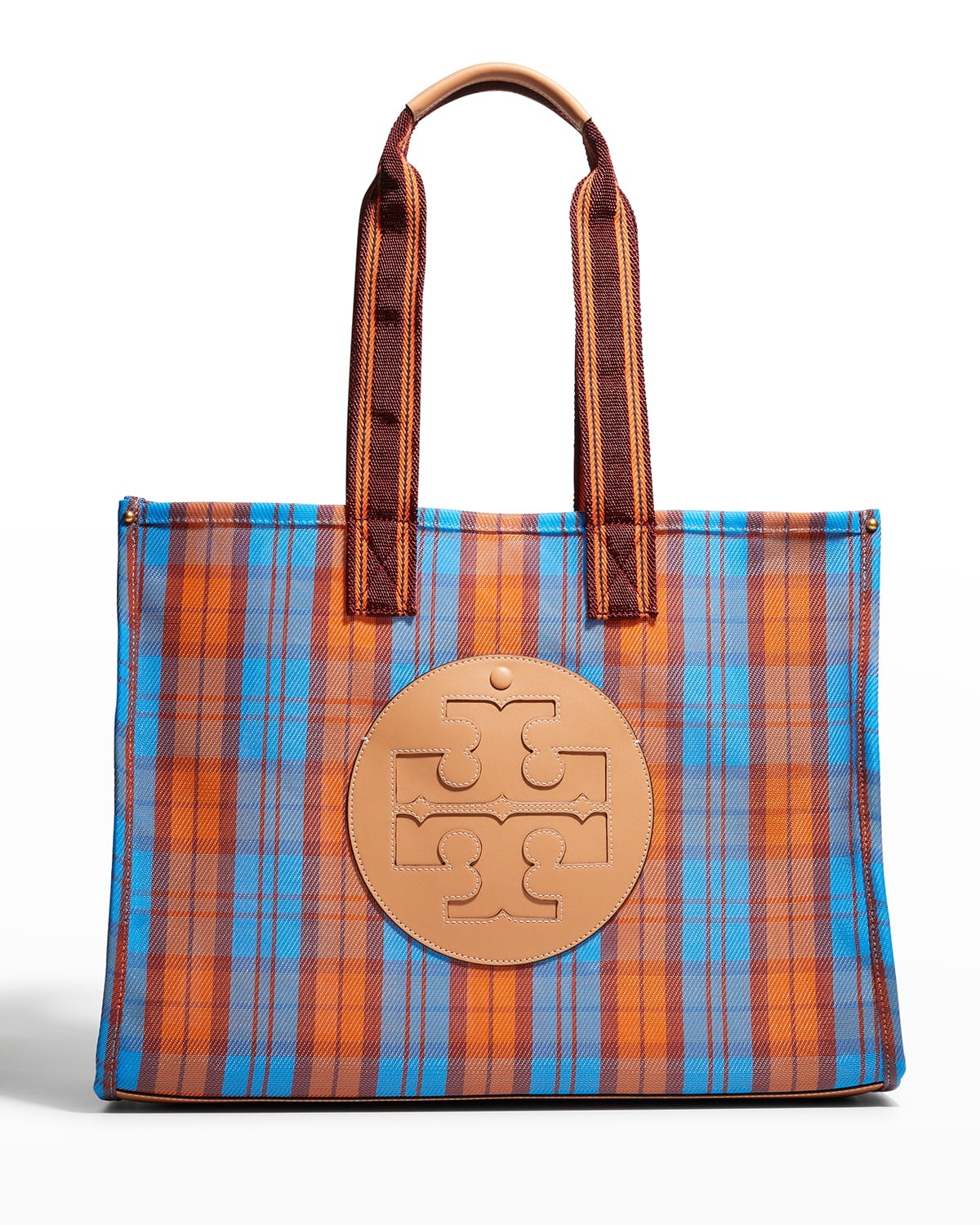 Tory Burch Ella Plaid Logo Tote Bag In Blue Orange Merc | ModeSens