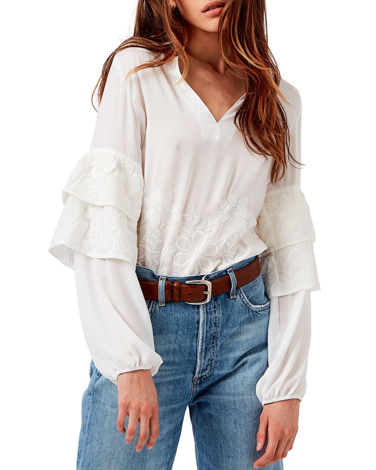 Women's Long Sleeve Blouse Embroidered Rose Tassel Organza Patchwork Top Shirt