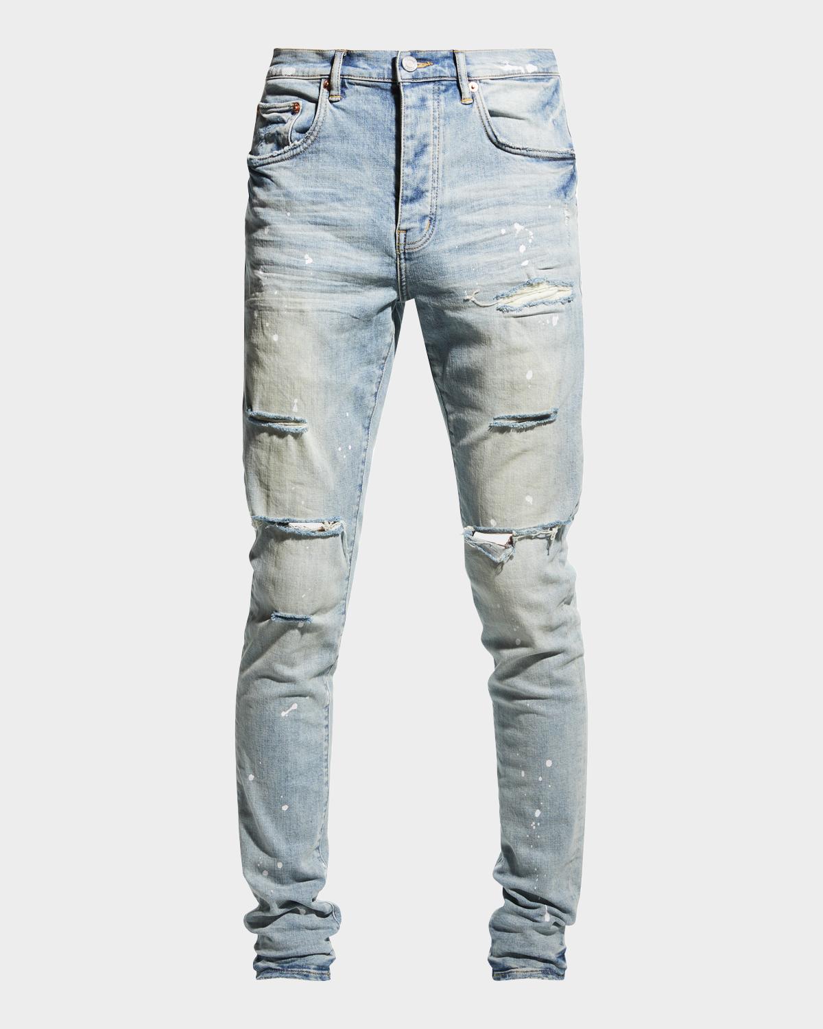 PURPLE Men's Distressed Light-Wash Paint Jeans