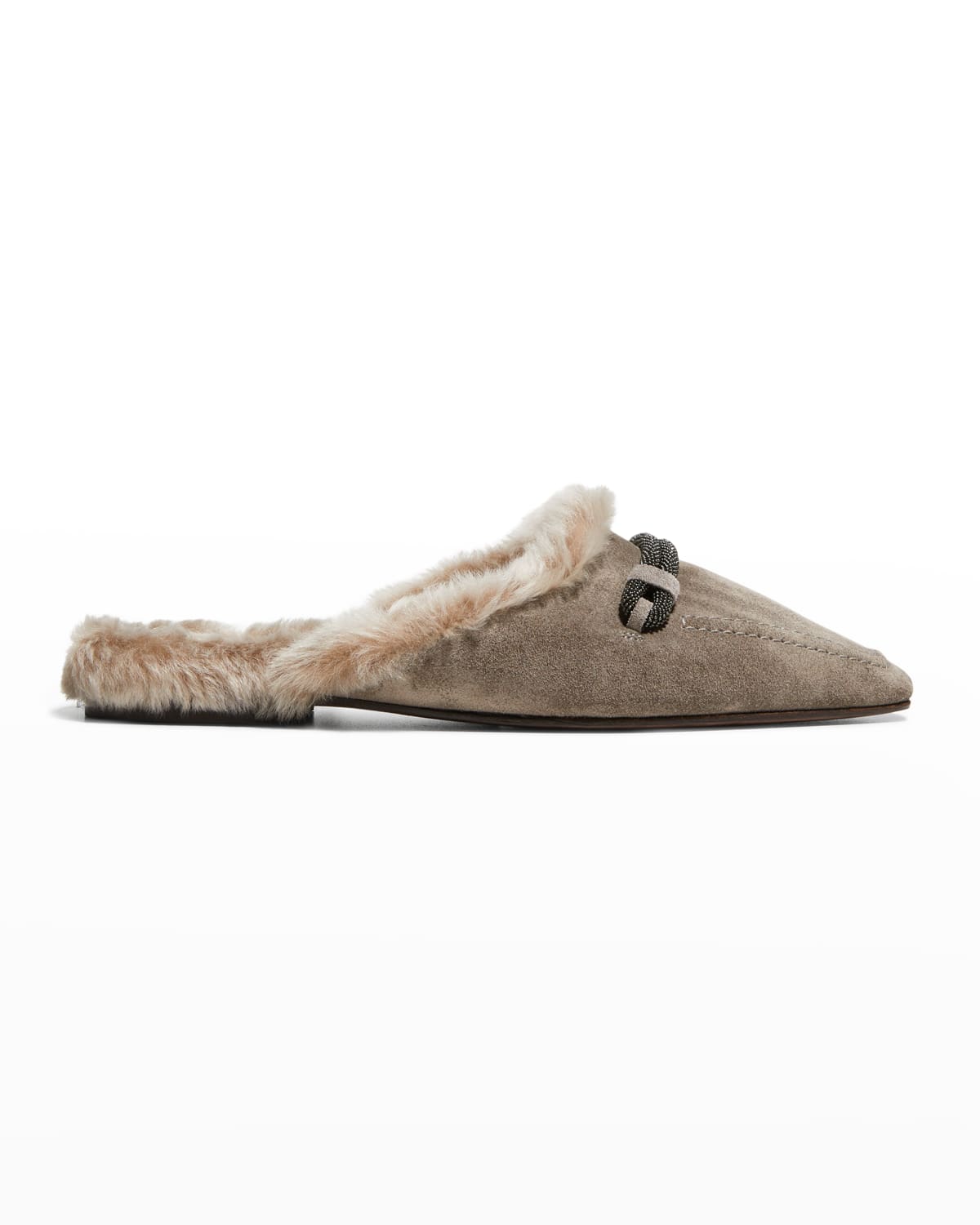 Brunello Cucinelli Suede Monili Flat Slide Loafers | Neiman Marcus