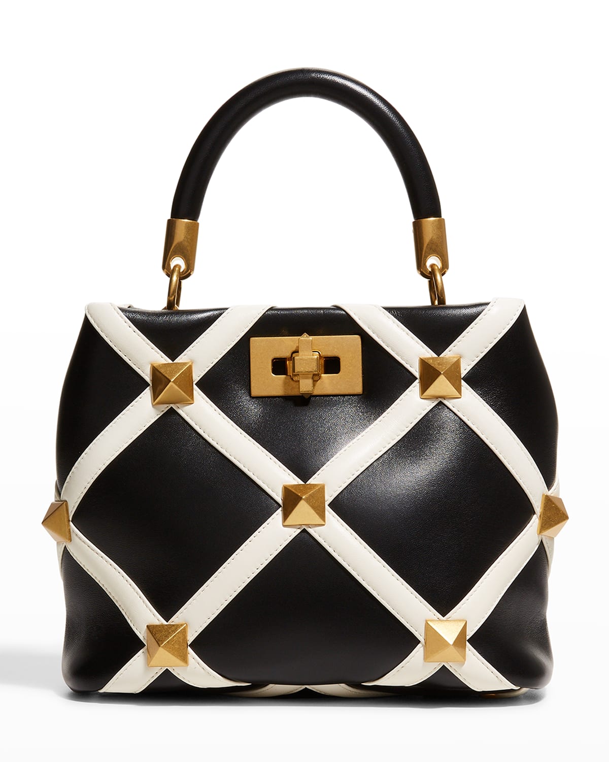 Valentino Garavani Large Roman Stud Inlay Leather Shoulder Bag In Black,ivory