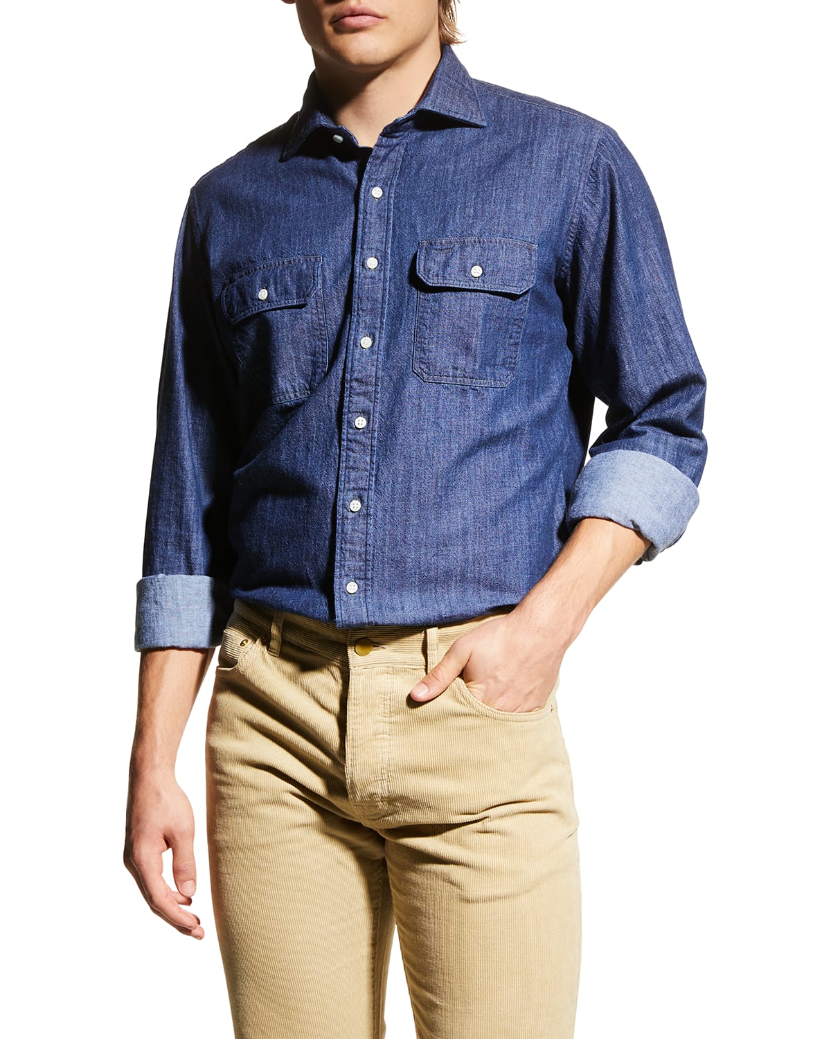 Sid Mashburn Cotton Solid Button Down Utility Shirt In Washed Indigo